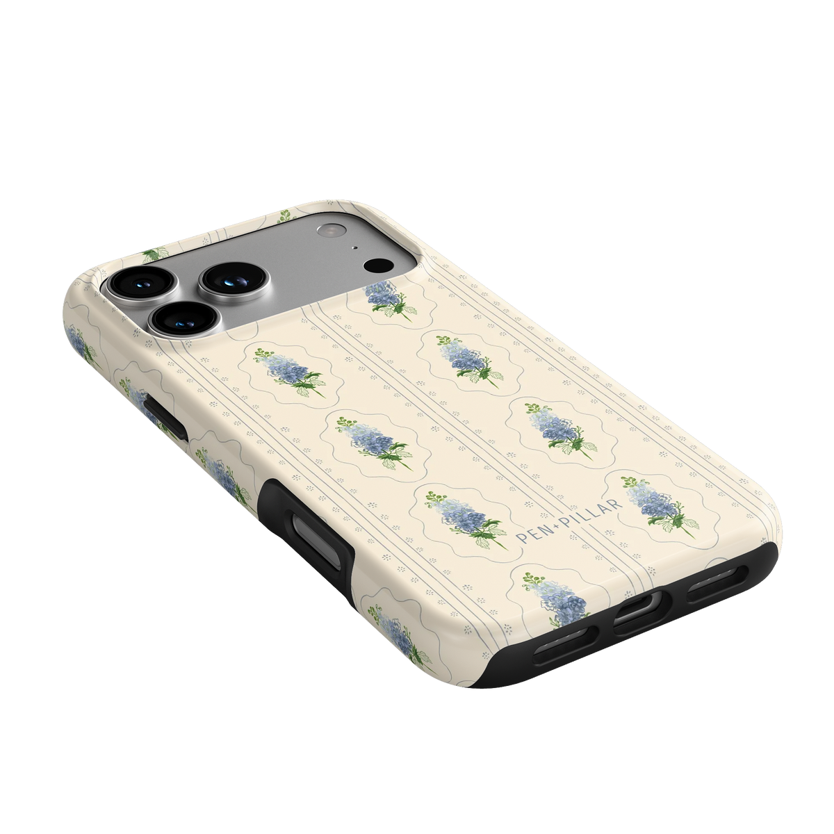 Cream plastic iPhone case with blue flower pattern, vertical stripes, and PEN + PILLAR printed on the back.