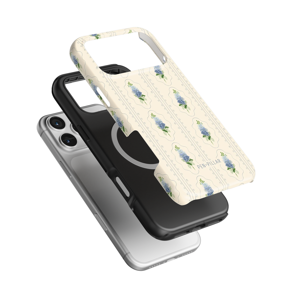 Cream plastic iPhone case with blue flower pattern and PEN+PILLAR text, shown with a black liner and silver phone.