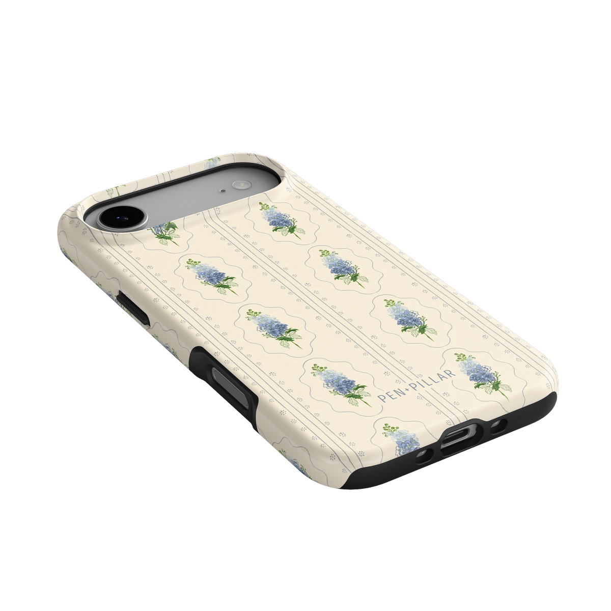 Cream plastic iPhone case with blue flower sprigs in a grid pattern and PEN+PILLAR printed in gray.
