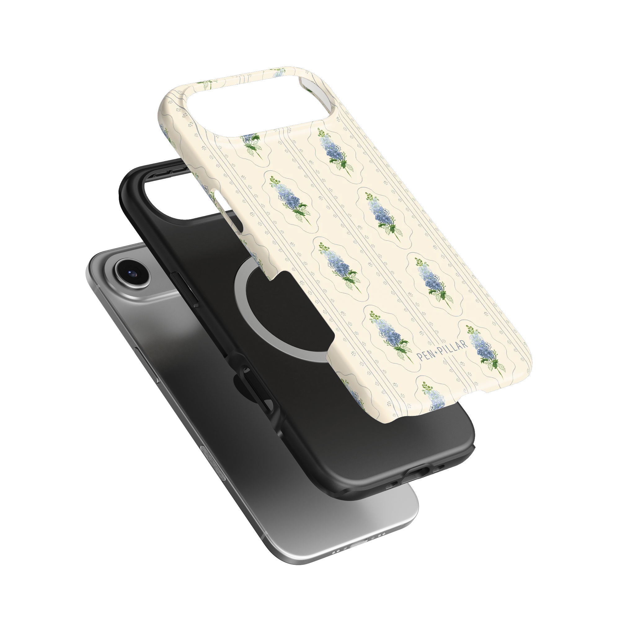 Exploded view of a cream iPhone case with blue floral patterns and PEN+PILLAR text, shown with a black liner and silver ph...