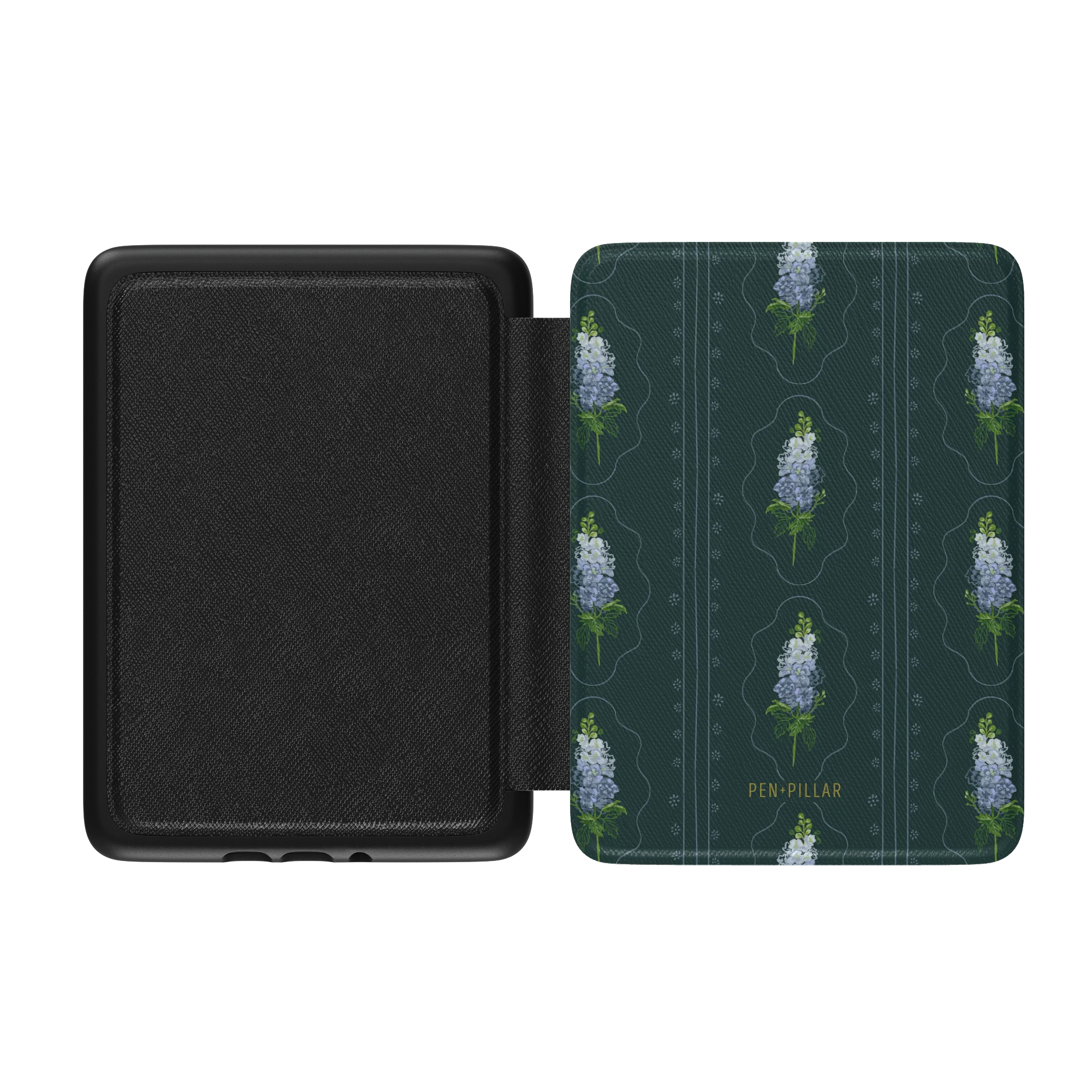 Open black Kindle case with a dark teal fabric cover featuring blue larkspur flowers and the PEN + PILLAR brand name.