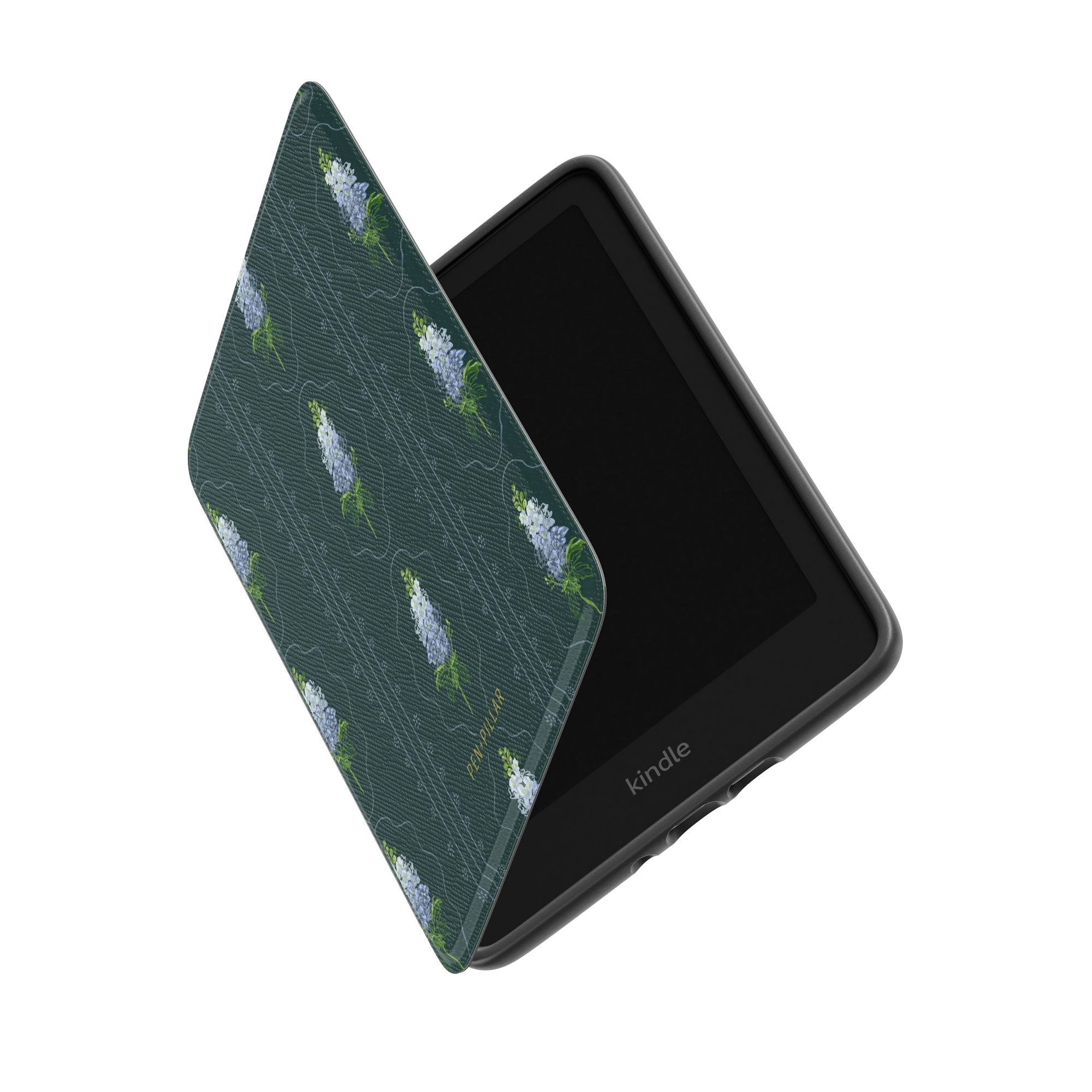 Green fabric Kindle case with a blue larkspur flower pattern and the name DEVI PILLAR printed in gold.