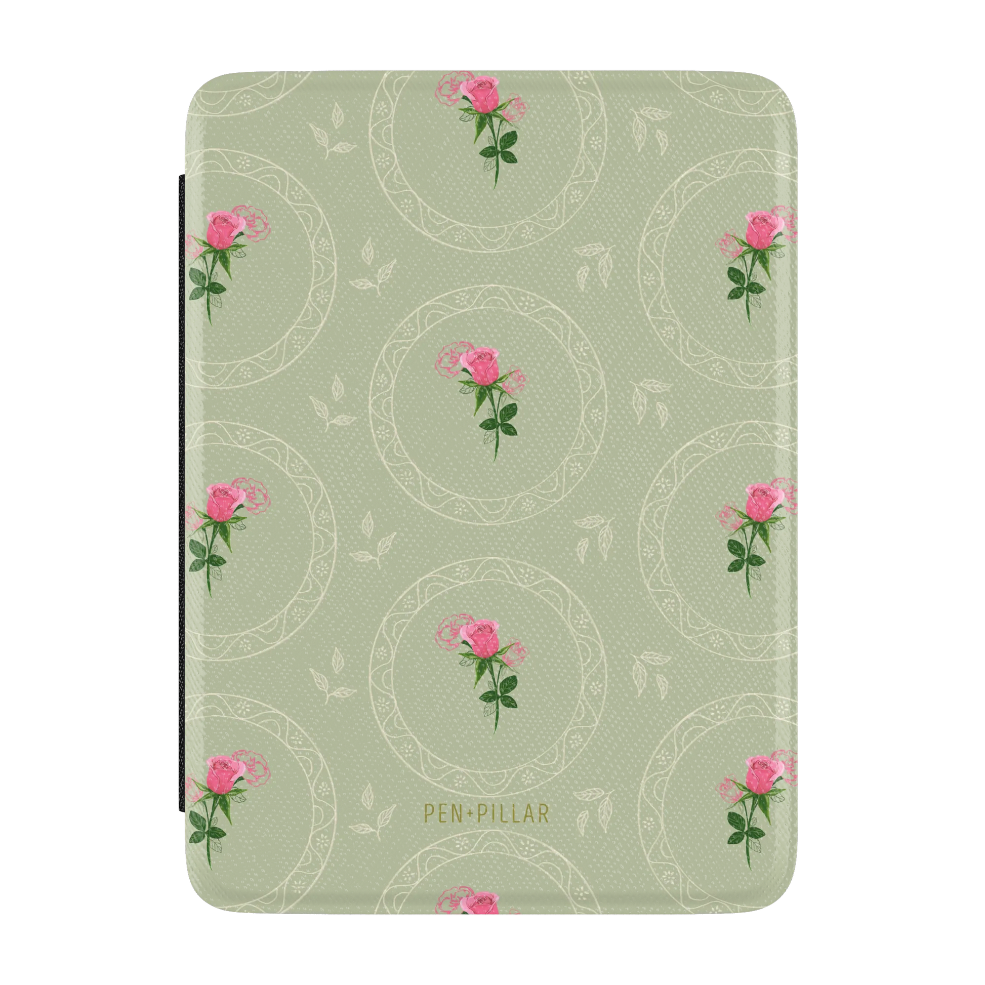 Sage green Kindle case with pink rose illustrations in white lace circles and gold PEN+PILLAR text.