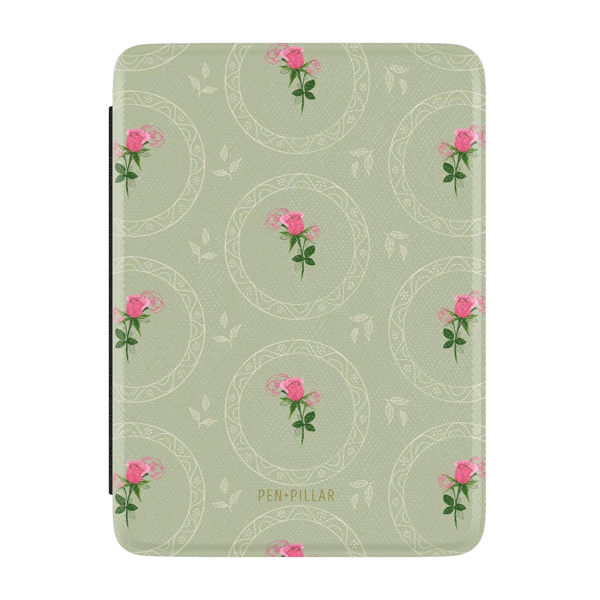 Sage green Kindle case with pink rose illustrations in white lace circles and gold PEN+PILLAR text.