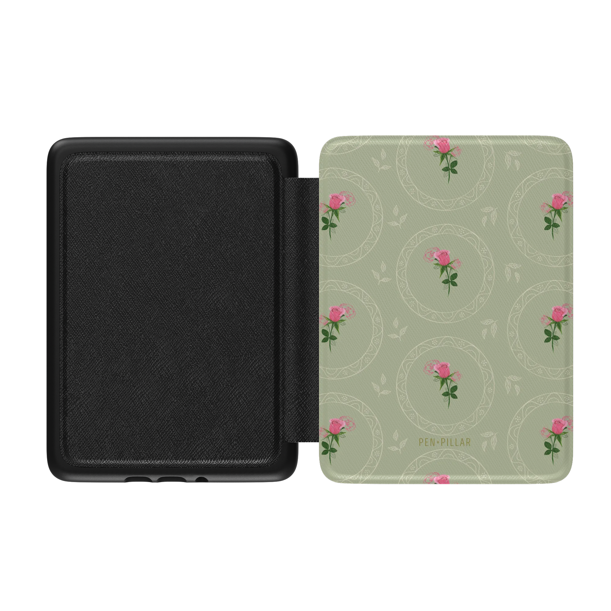 Open black Kindle case with a sage green cover featuring pink roses in circular frames and the text PEN PILLAR.