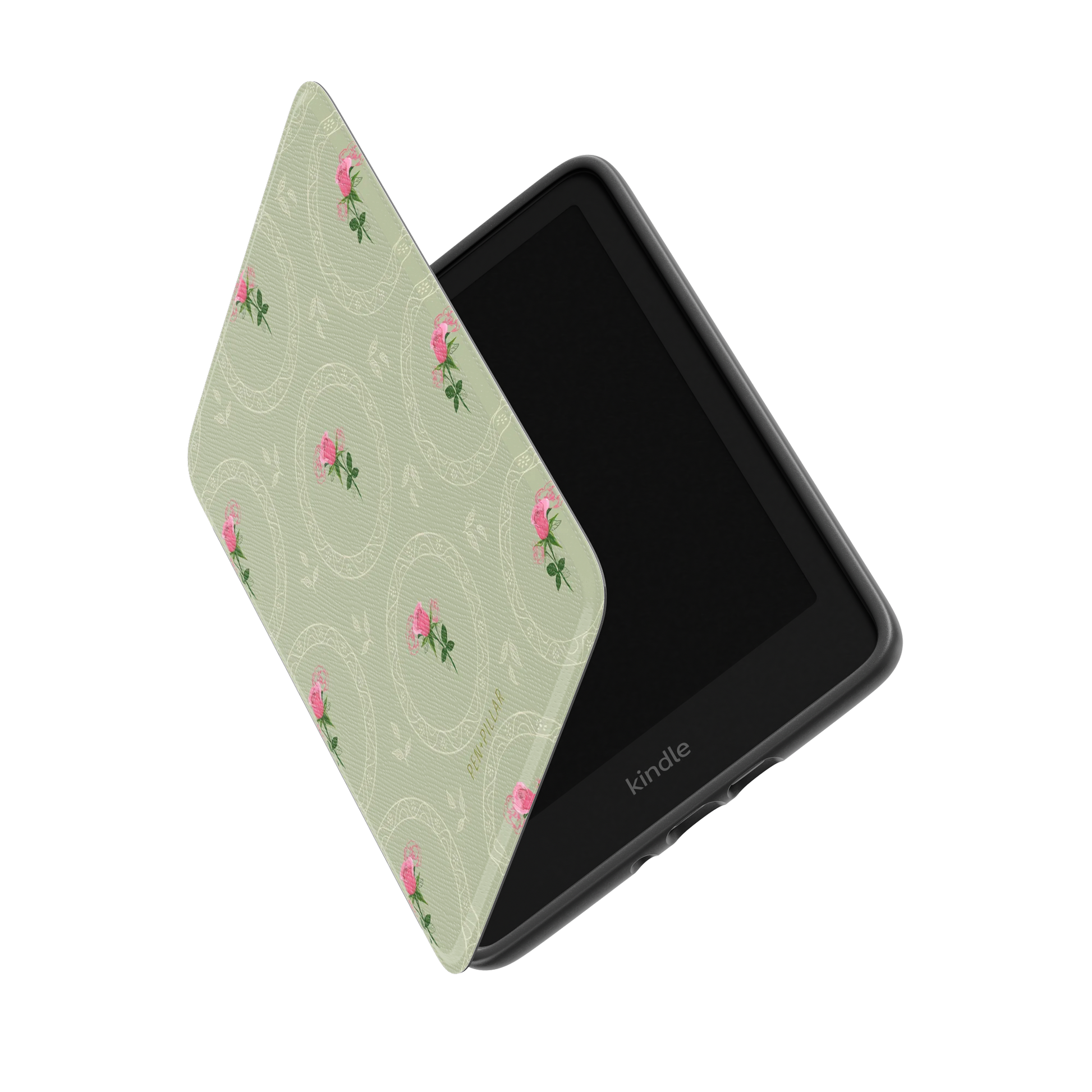 Light green Kindle case with pink rose pattern and white circular lace details, featuring the Kindle logo on the device.