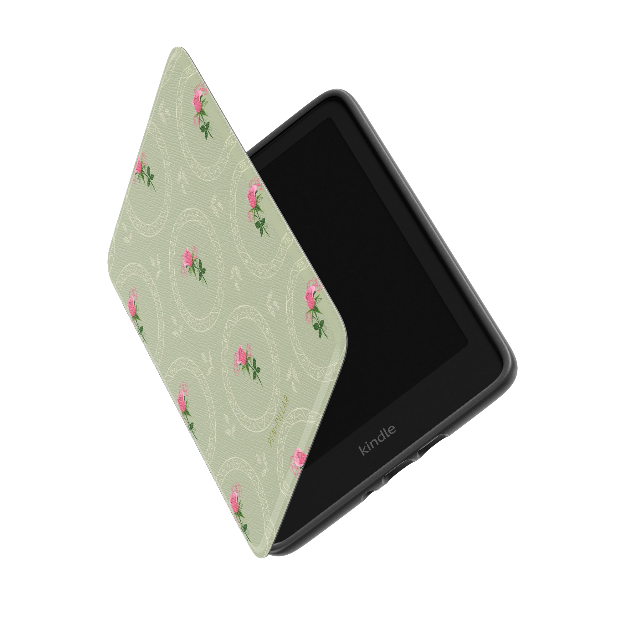 Light green Kindle case with pink rose pattern and white circular lace details, featuring the Kindle logo on the device.