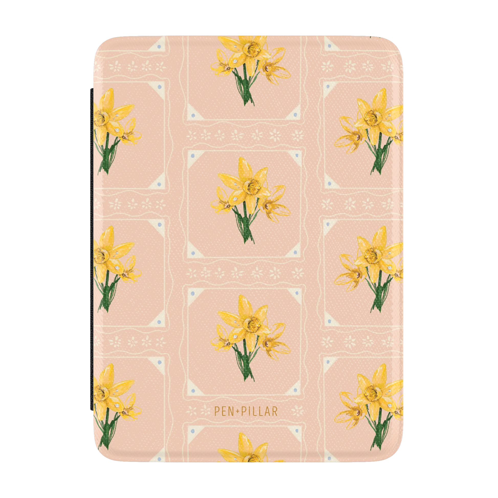 Pink rectangular Kindle case with yellow daffodil bouquets in a grid pattern and the text PEN+PILLAR.