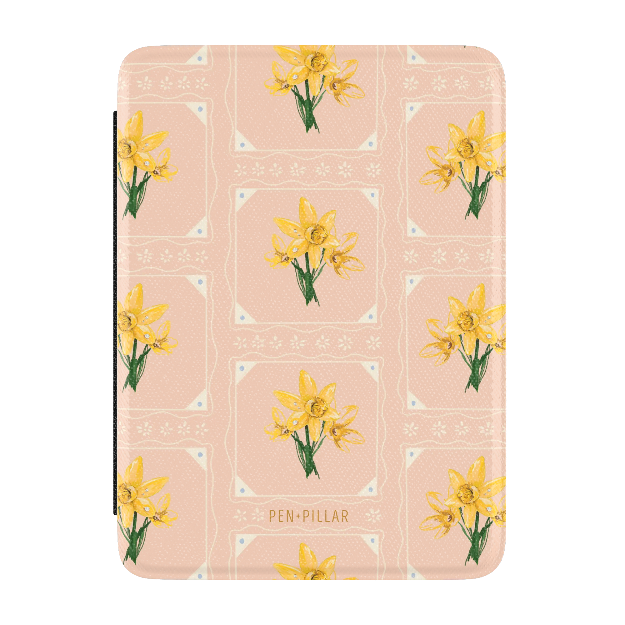 Pink rectangular Kindle case with yellow daffodil bouquets in a grid pattern and the text PEN+PILLAR.