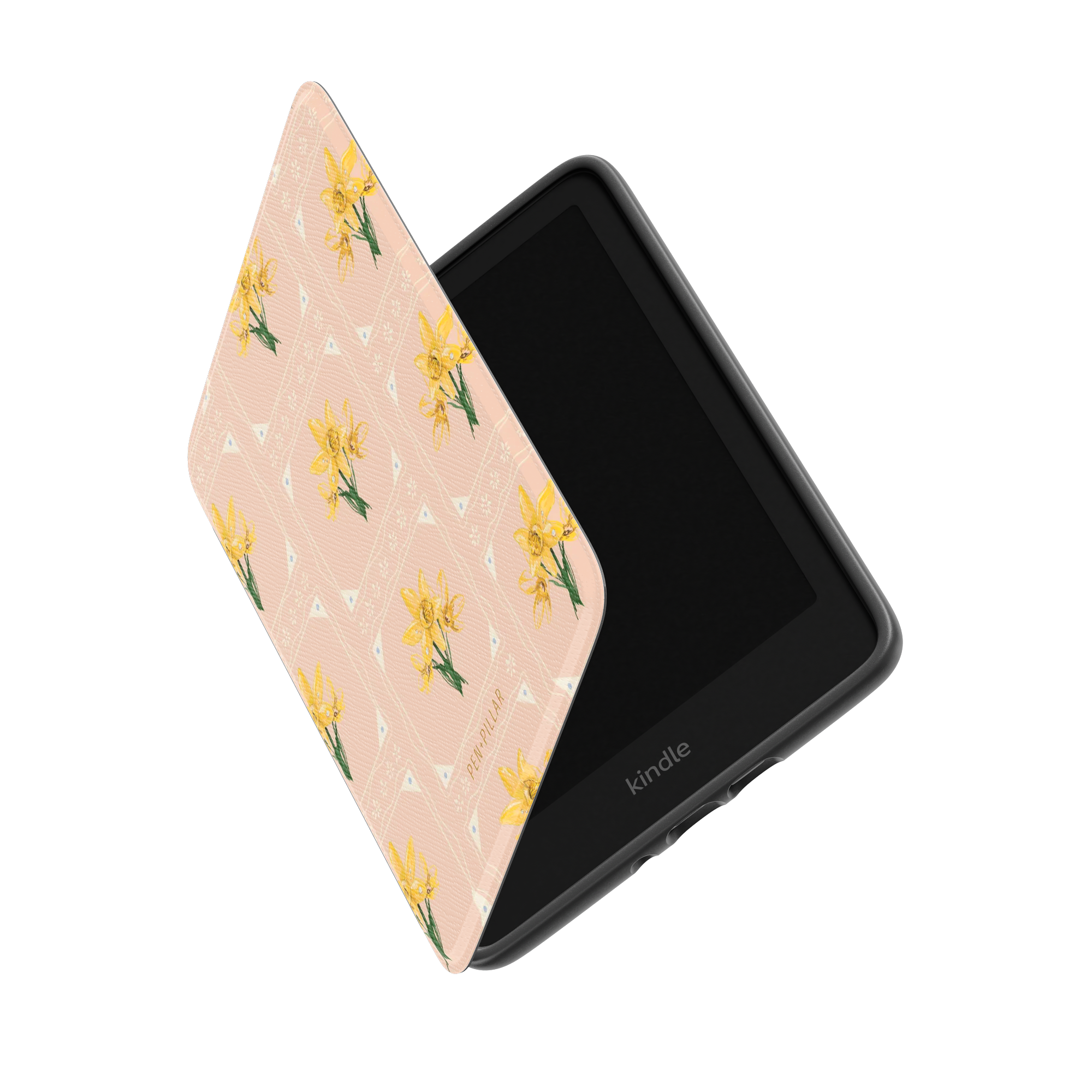 Pink Kindle case with yellow daffodil pattern and white geometric lines. The word kindle is printed on the black device.