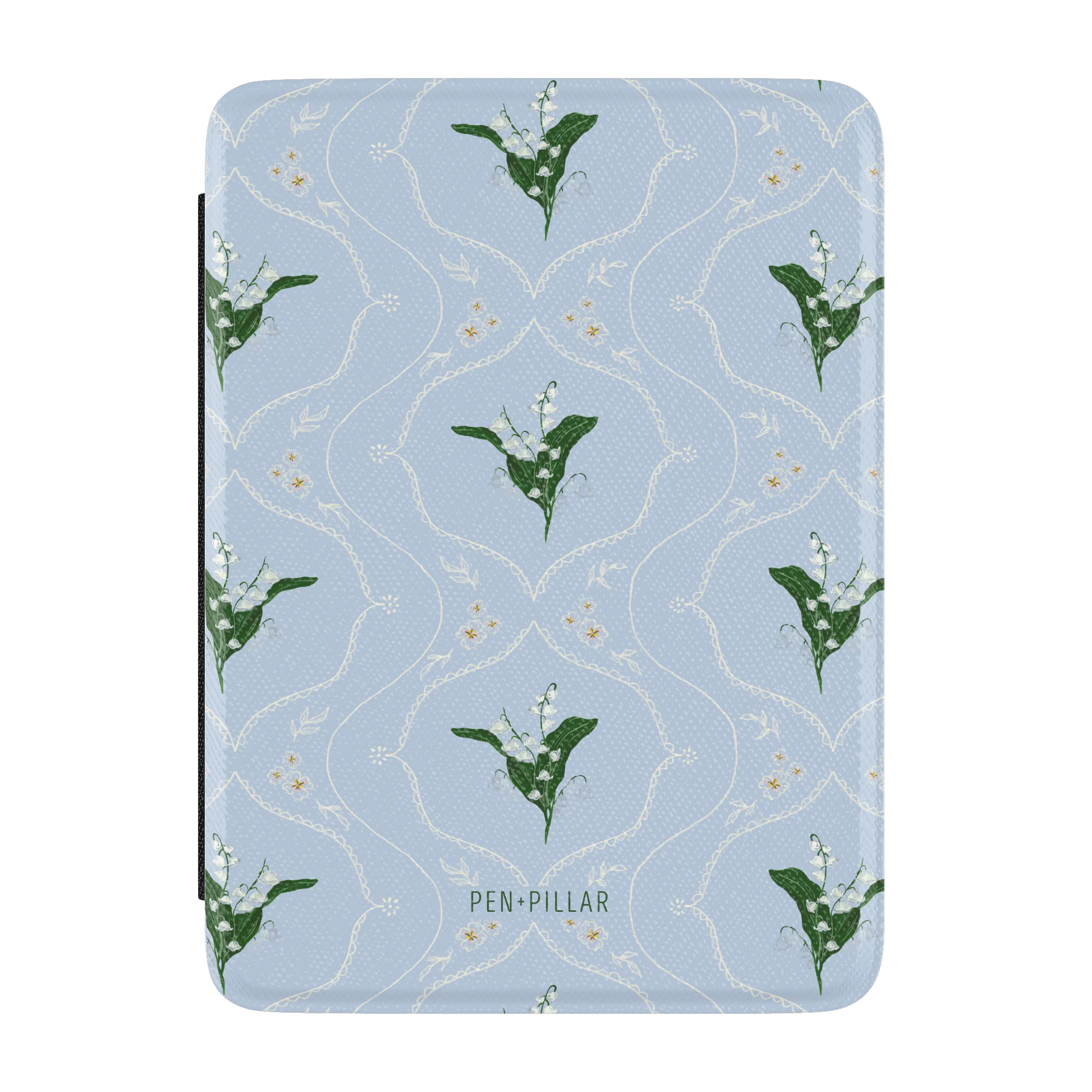 Light blue Kindle case with white lace patterns and lily of the valley flowers. PEN+PILLAR is printed at the bottom.