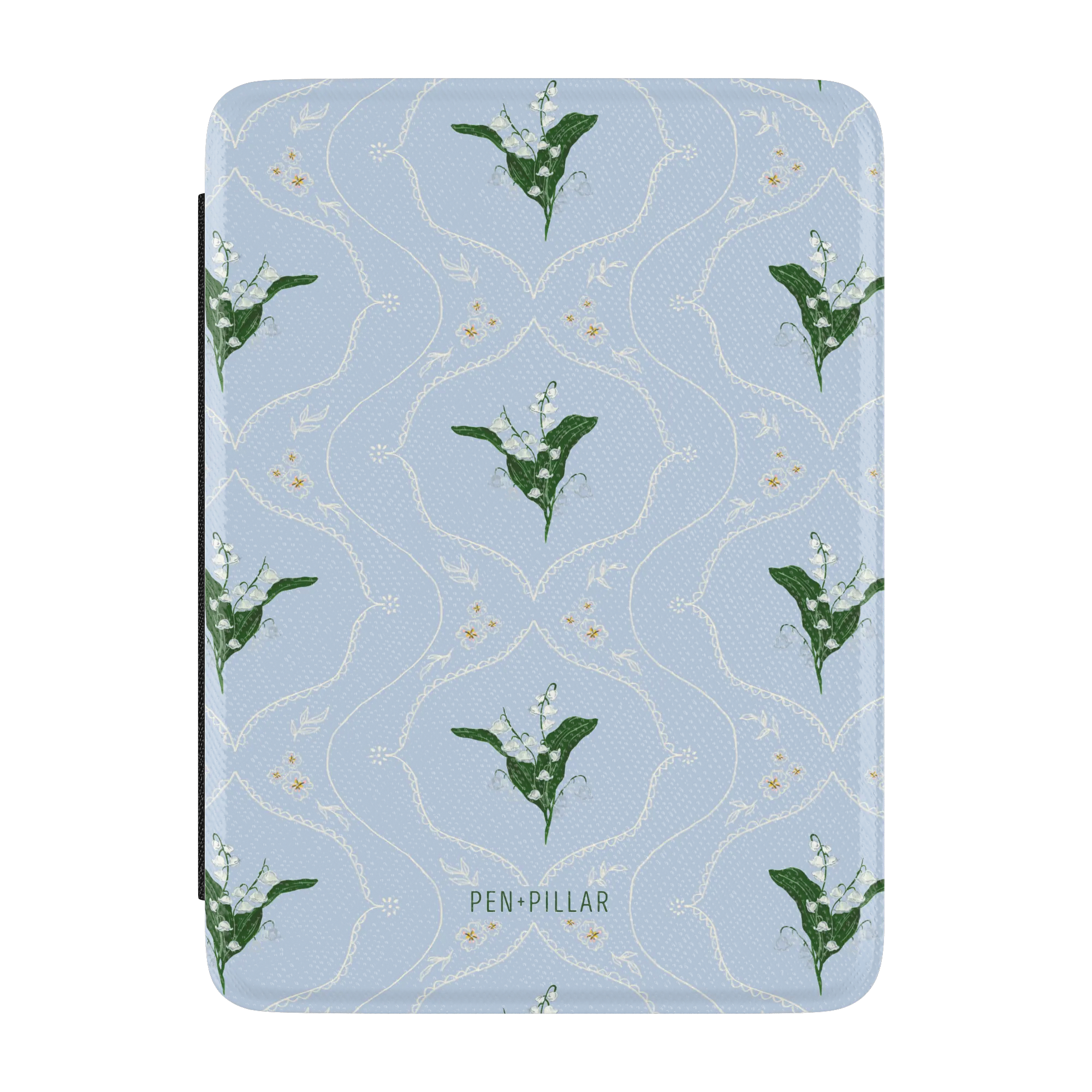 Light blue Kindle case with white lace patterns and lily of the valley flowers. PEN+PILLAR is printed at the bottom.