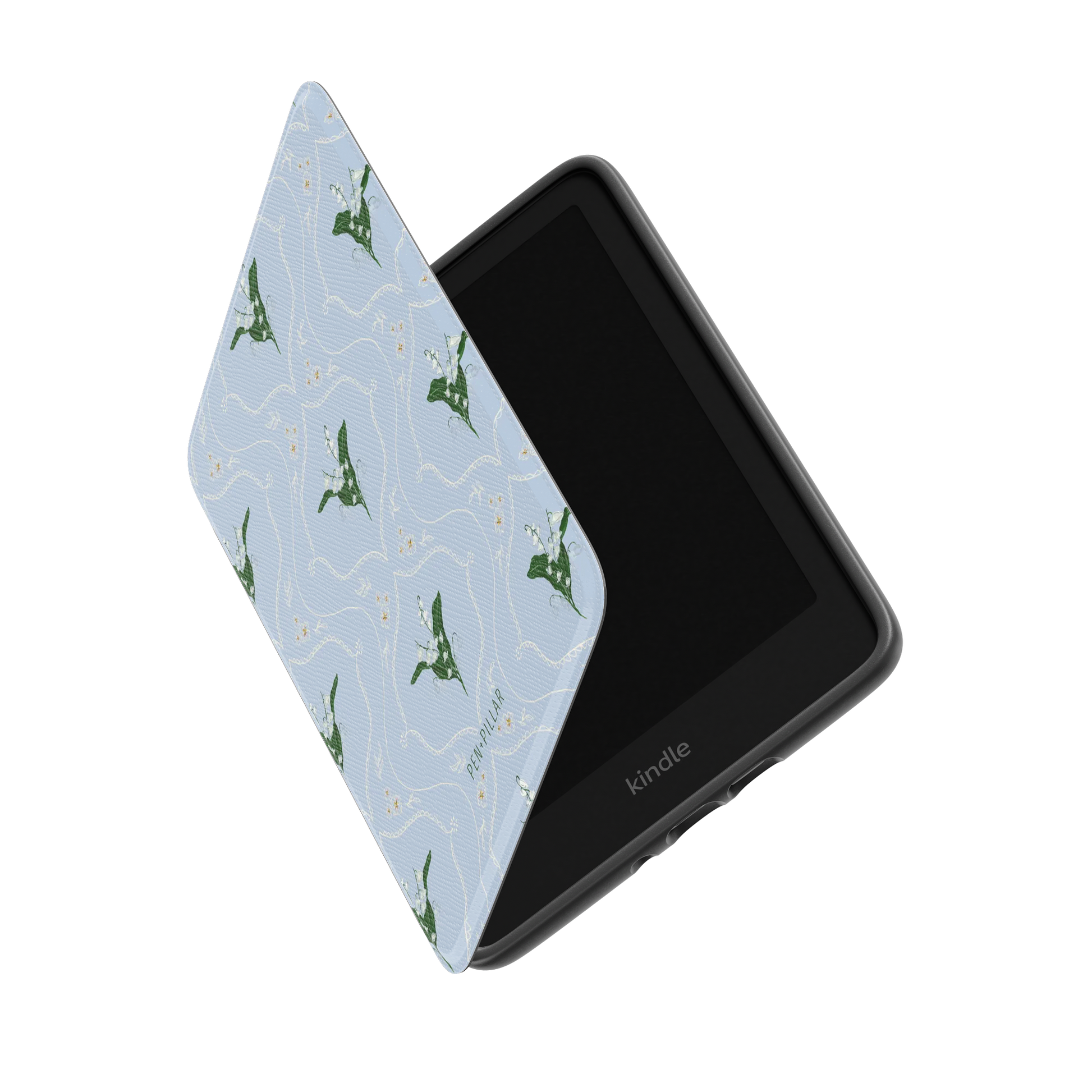 Light blue Kindle case with a lily of the valley floral pattern and Pen+Pillar printed on the front cover.