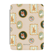 Menagerie Kindle case, front cover: framed fox and rabbit brooches on blush gingham