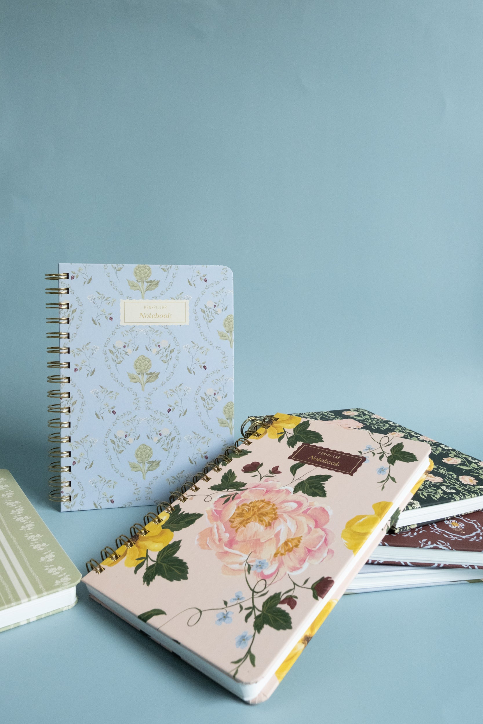 Three floral notebooks on a light blue background