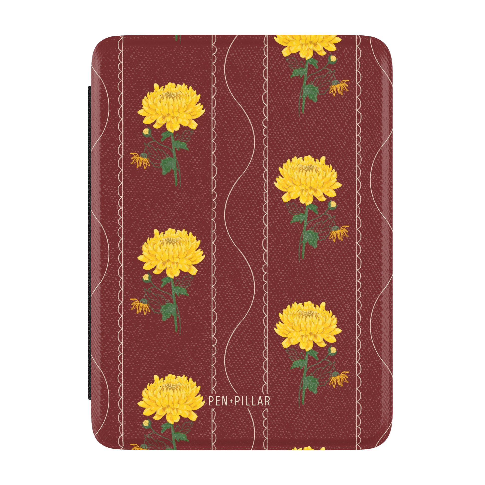 Burgundy Kindle case with yellow chrysanthemum flowers and white wavy lines. PEN+PILLAR is printed at the bottom.