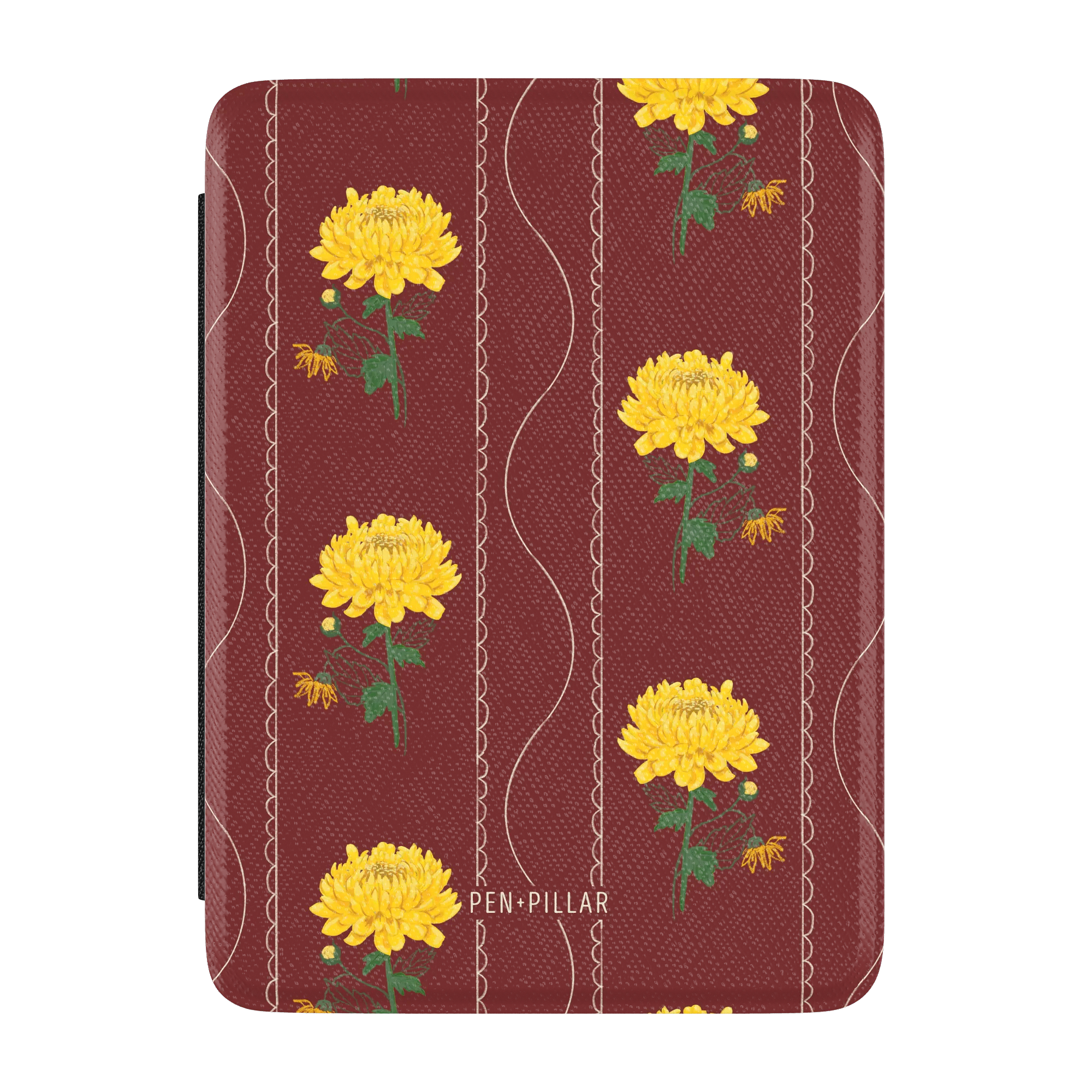 Burgundy Kindle case with yellow chrysanthemum flowers and white wavy lines. PEN+PILLAR is printed at the bottom.