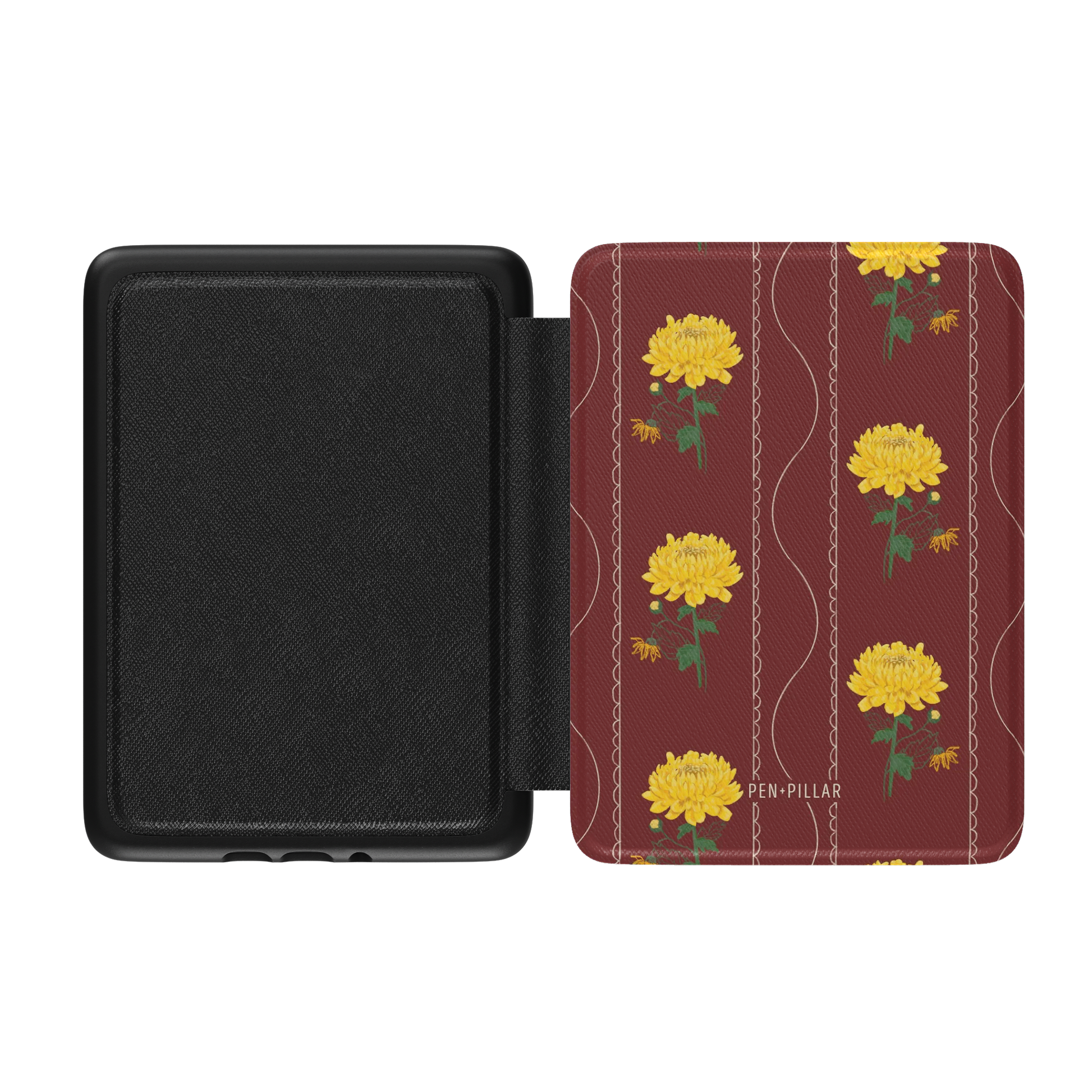 Open Kindle case with black interior and a maroon exterior featuring yellow flowers and the text PEN + PILLAR.