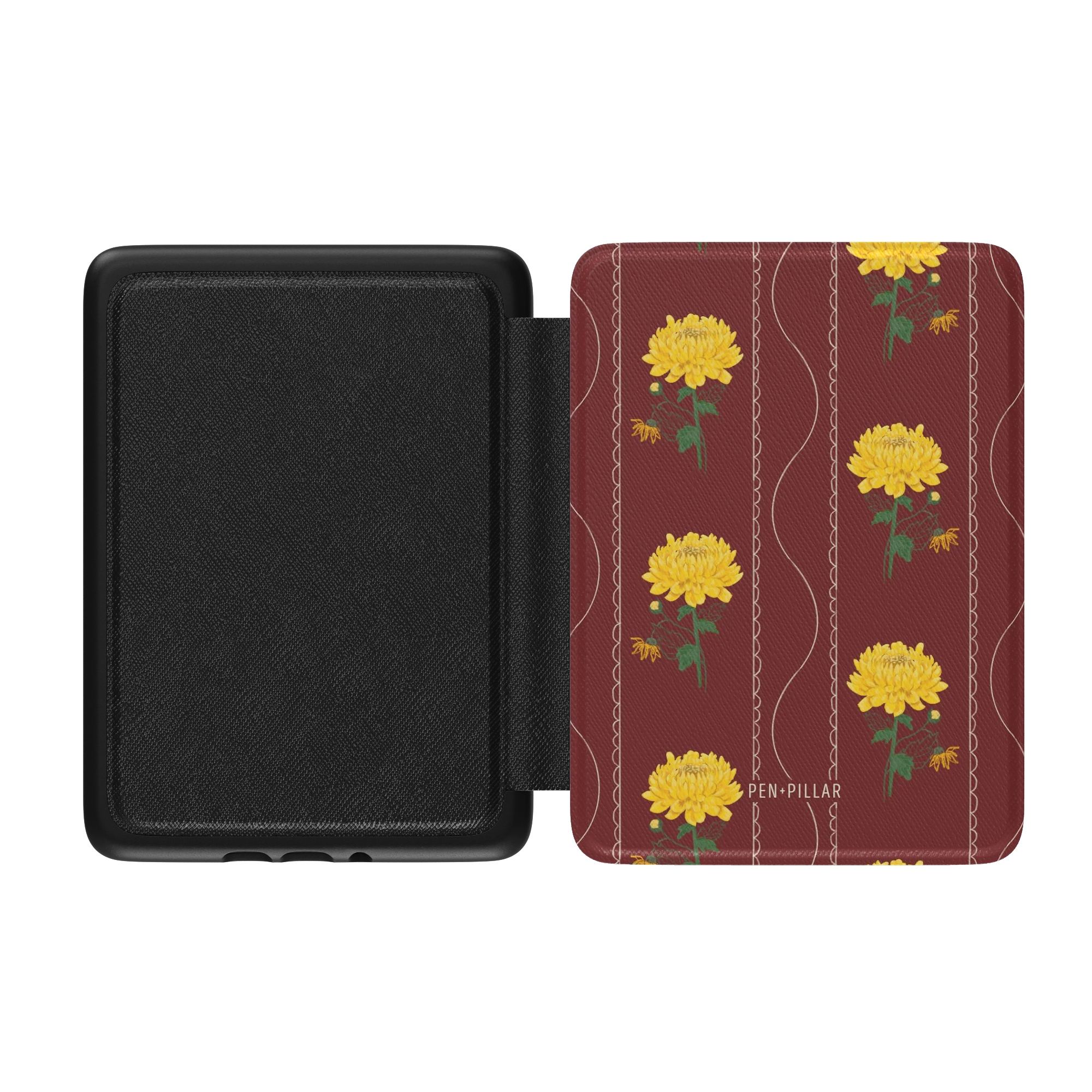 Open Kindle case with black interior and a maroon exterior featuring yellow flowers and the text PEN + PILLAR.