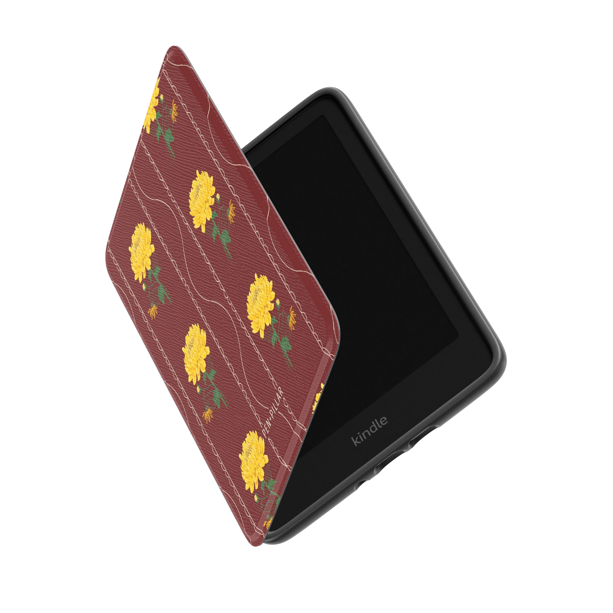 Red Kindle case with yellow chrysanthemums and white wavy lines. The word kindle is printed on the black device bezel.