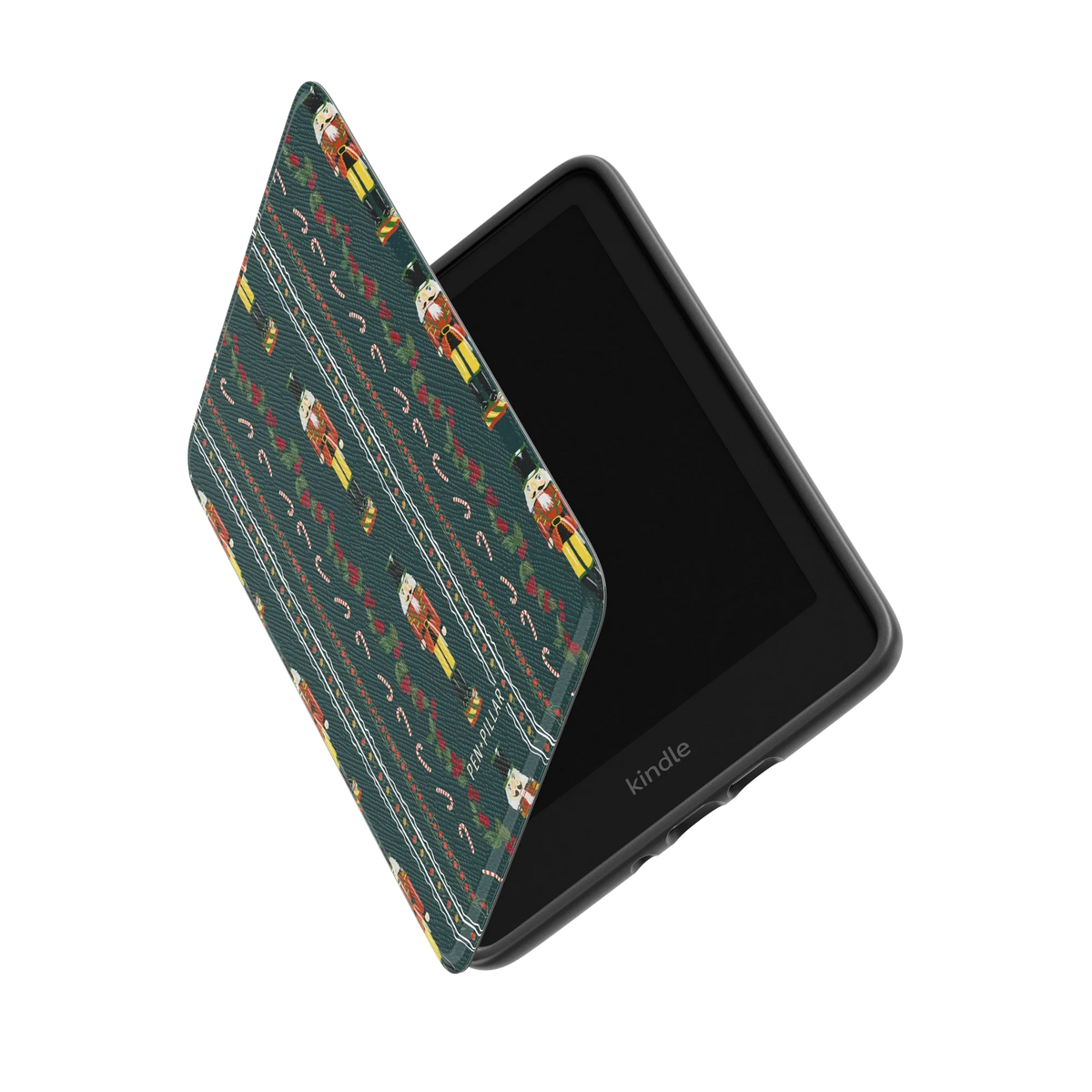 Nutcracker Kindle case standing partly open, showing the printed front cover and the Kindle inside
