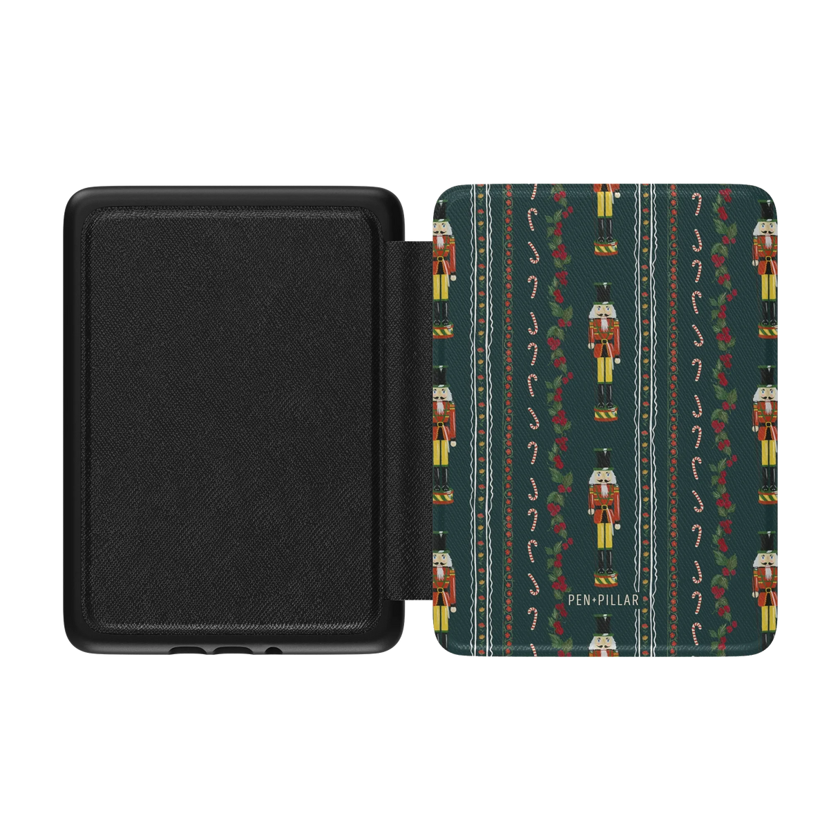 Nutcracker Kindle case opened flat, black inner lining on the left and the printed front cover on the right