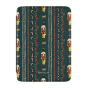 Nutcracker Kindle case, front cover: nutcrackers, candy canes and holly garlands on deep green