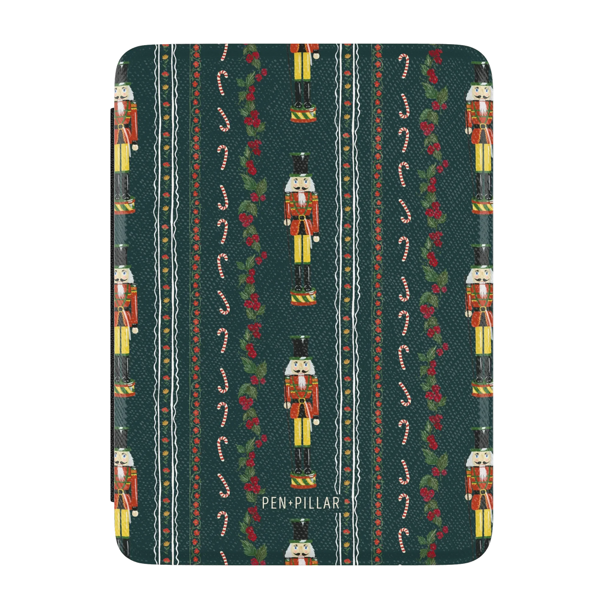 Nutcracker Kindle case, front cover: nutcrackers, candy canes and holly garlands on deep green