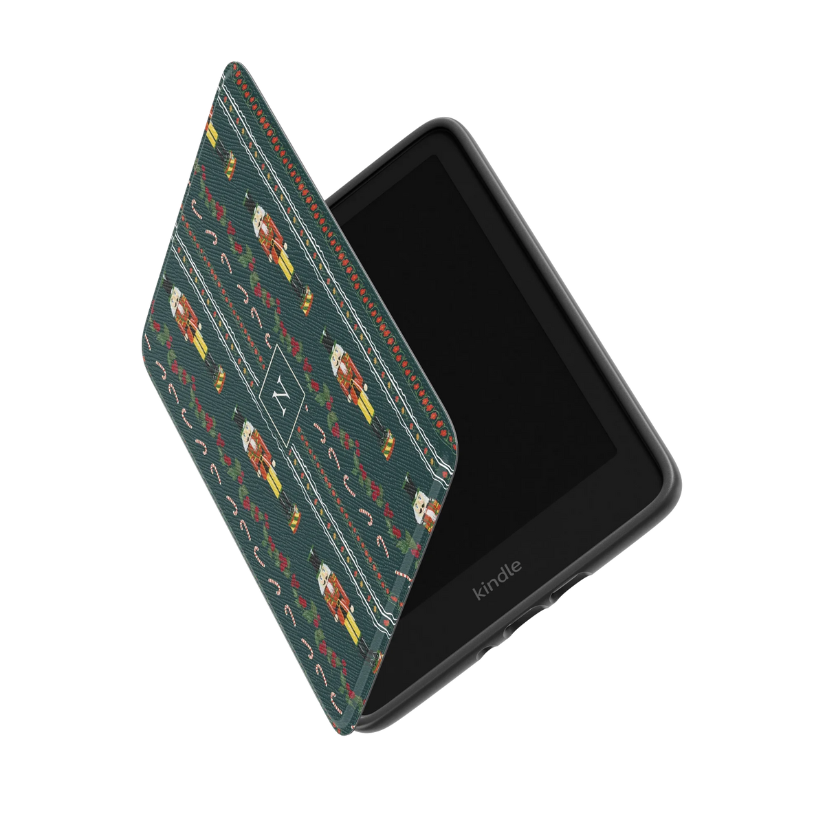 Nutcracker Personalized Kindle case standing partly open, showing the printed front cover and the Kindle inside