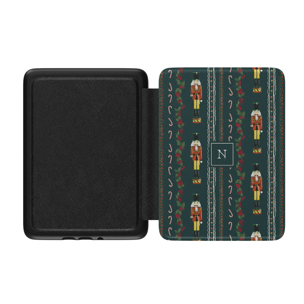 Nutcracker Personalized Kindle case opened flat, black inner lining on the left and the printed front cover on the right