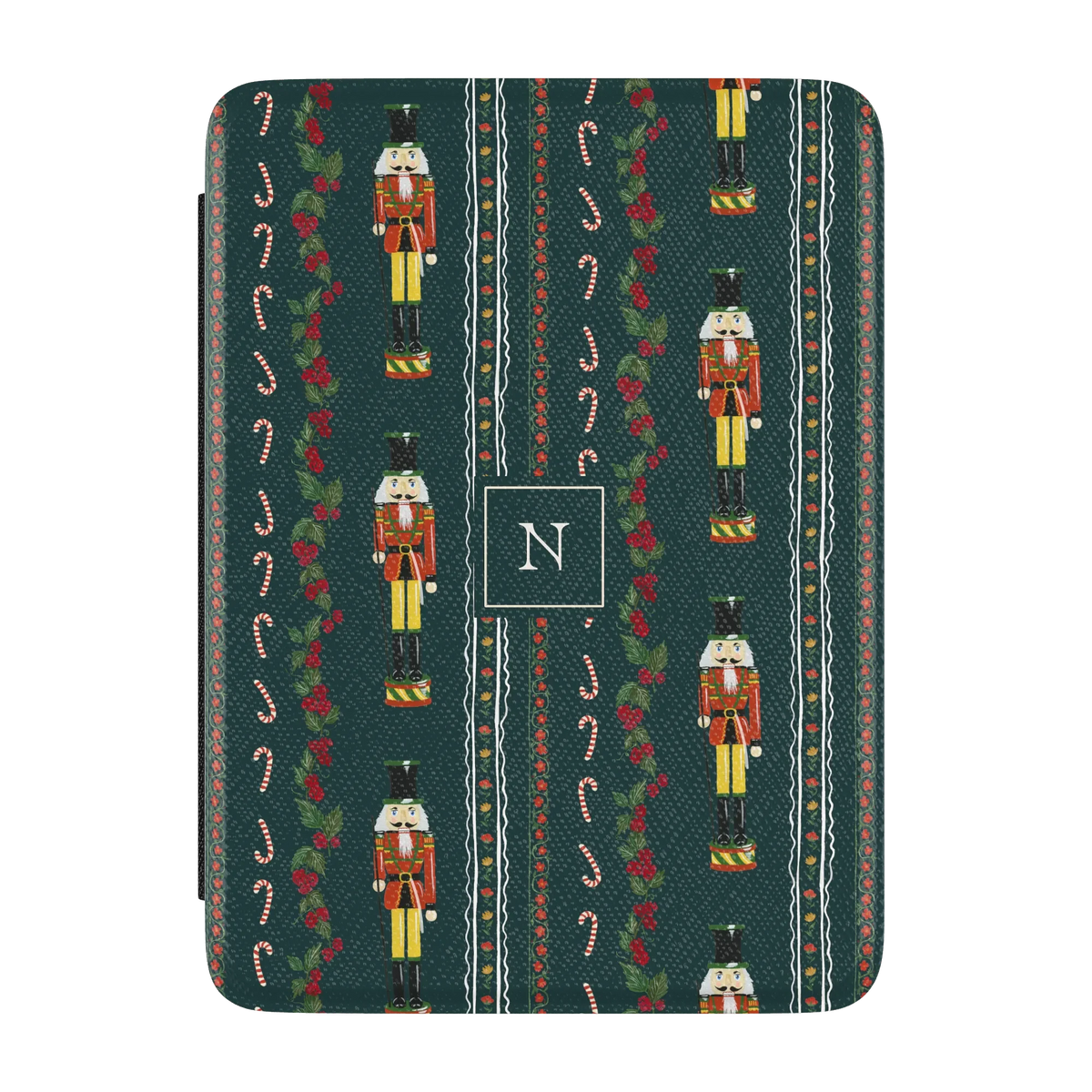 Nutcracker Personalized Kindle case, front cover: nutcrackers, candy canes and holly garlands on deep green with the initial N
