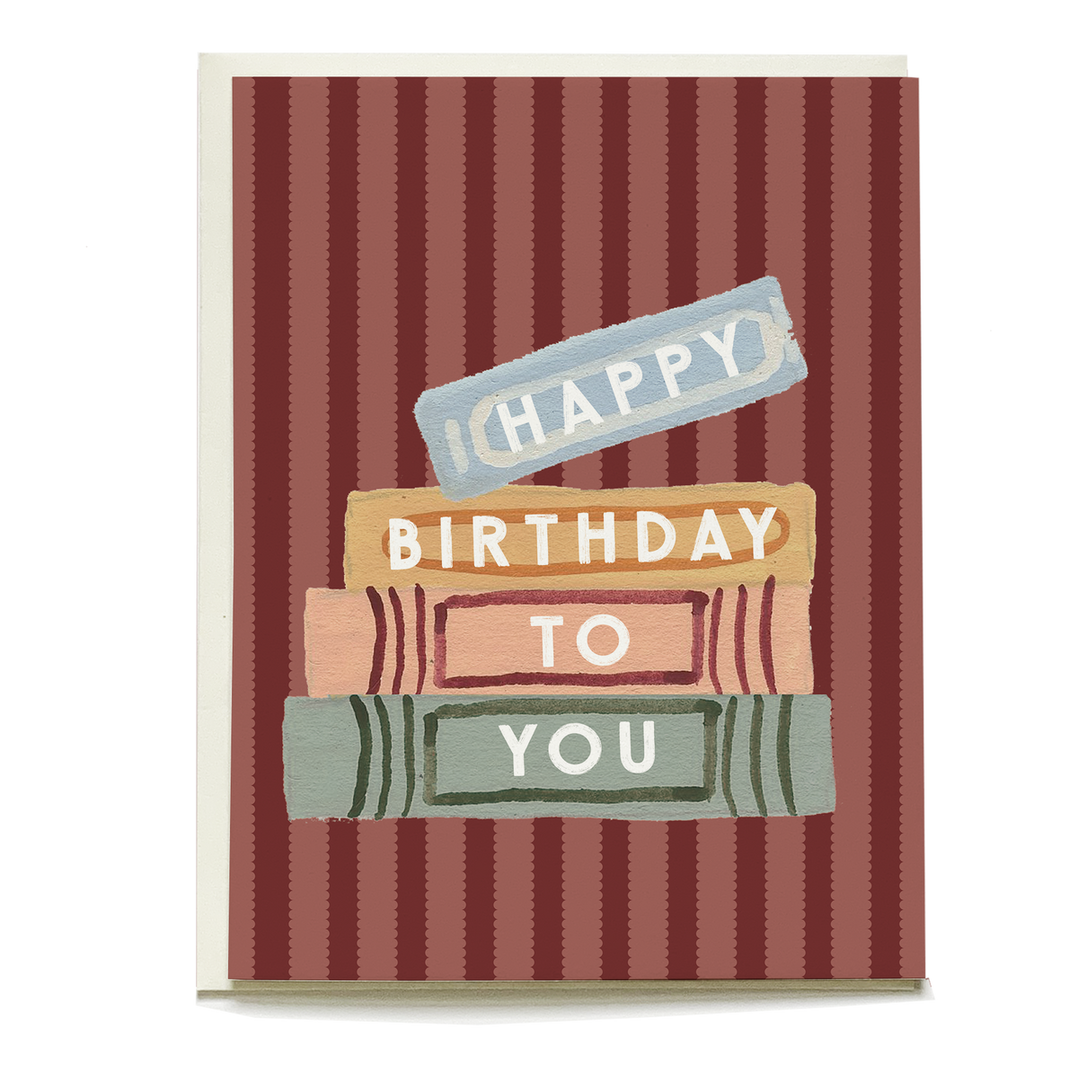 Stack of four colorful books on a striped red background with text Happy Birthday To You on the spines.