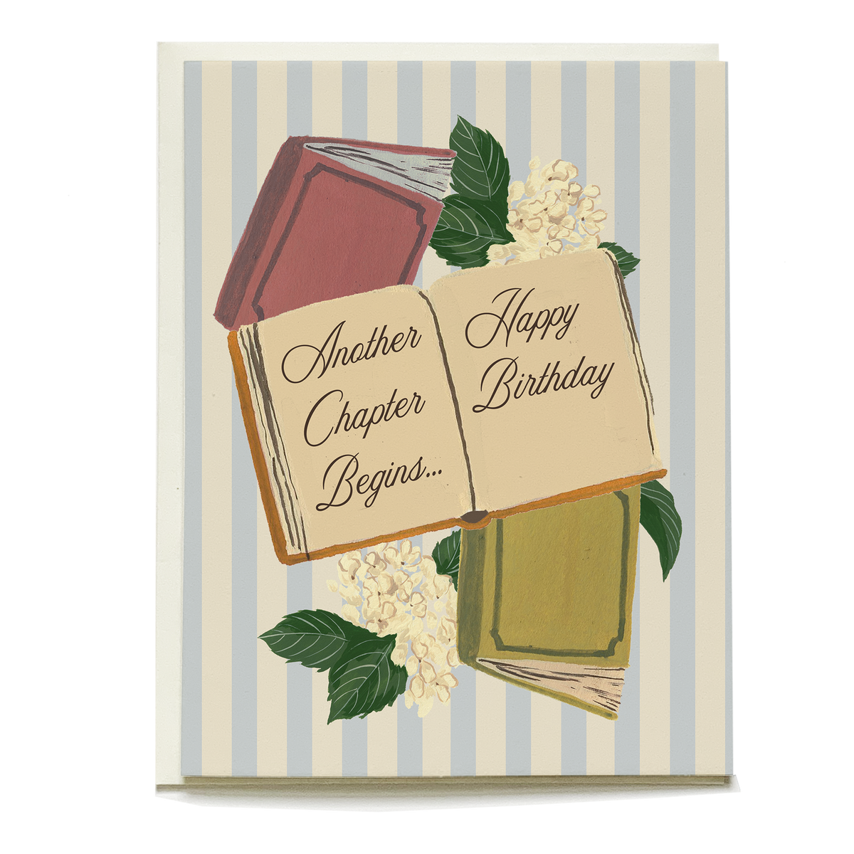 Striped card with three books and flowers. Text reads: Another Chapter Begins... Happy Birthday.