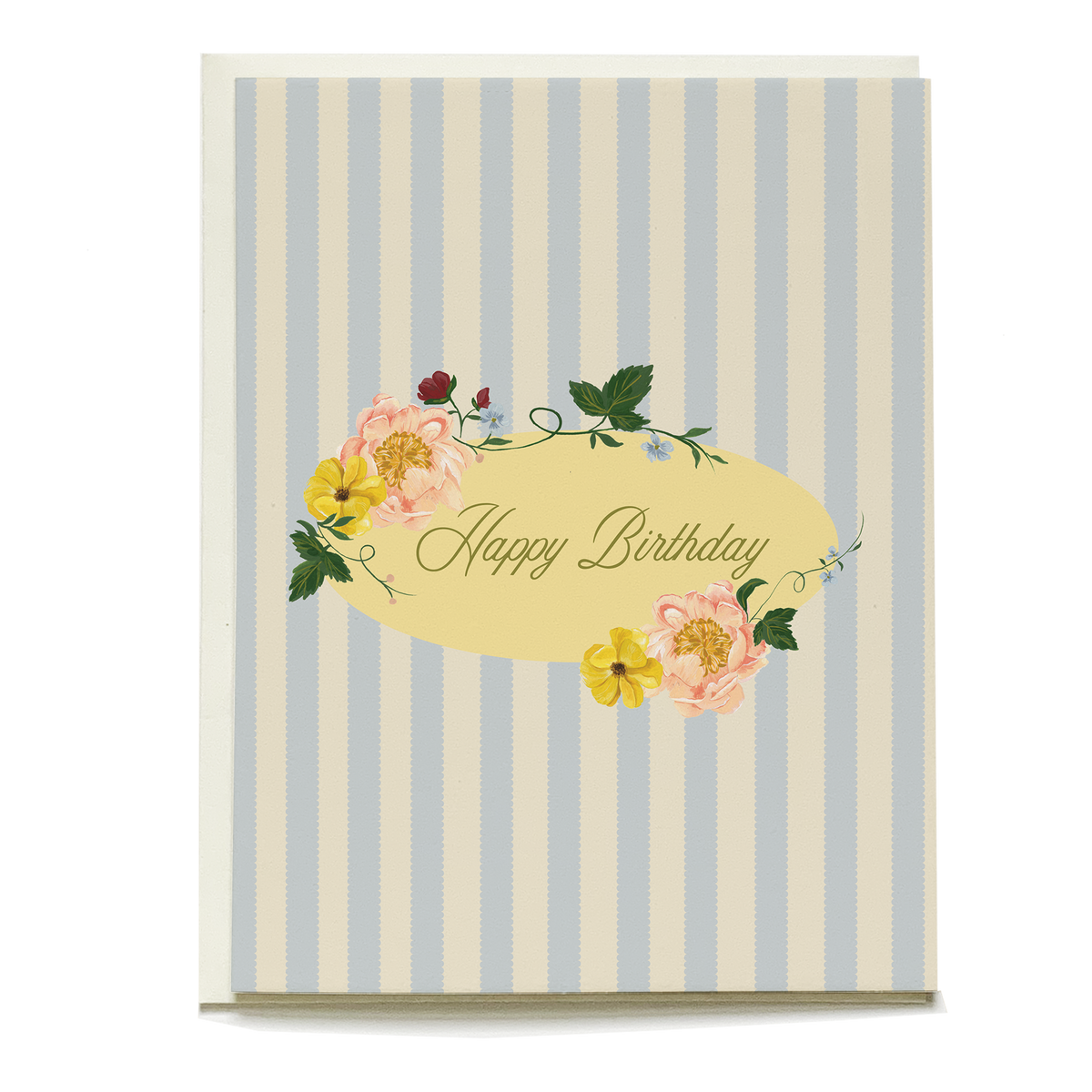Blue and white striped card with a yellow oval center, pink and yellow flowers, and Happy Birthday text.