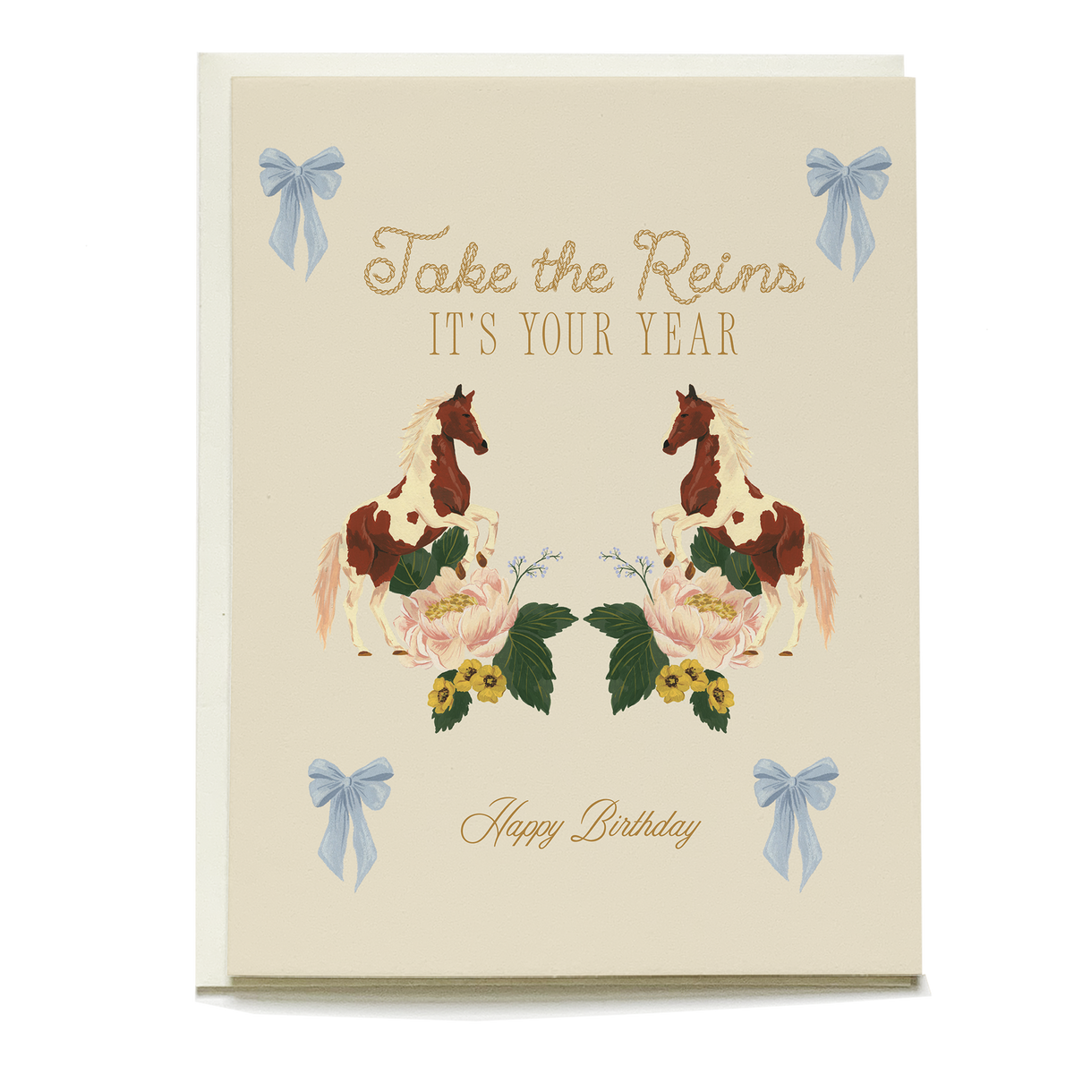 Cream paper card with two brown and white horses, blue bows, and flowers. Text reads Take the Reins Happy Birthday.