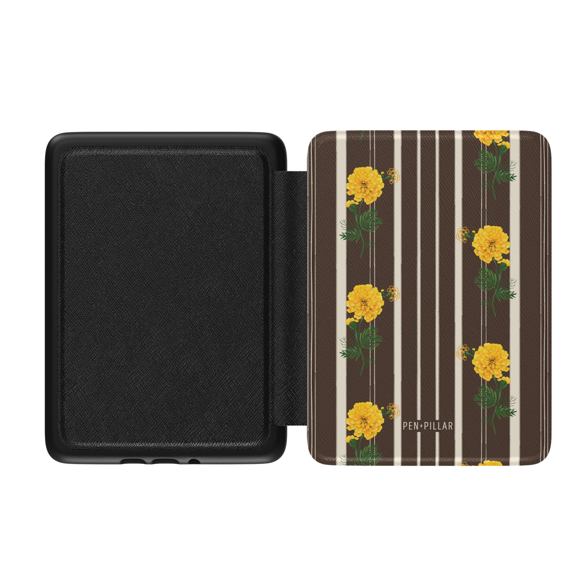 Open black Kindle case with a brown and white striped cover featuring yellow flowers and the text PEN + PILLAR.