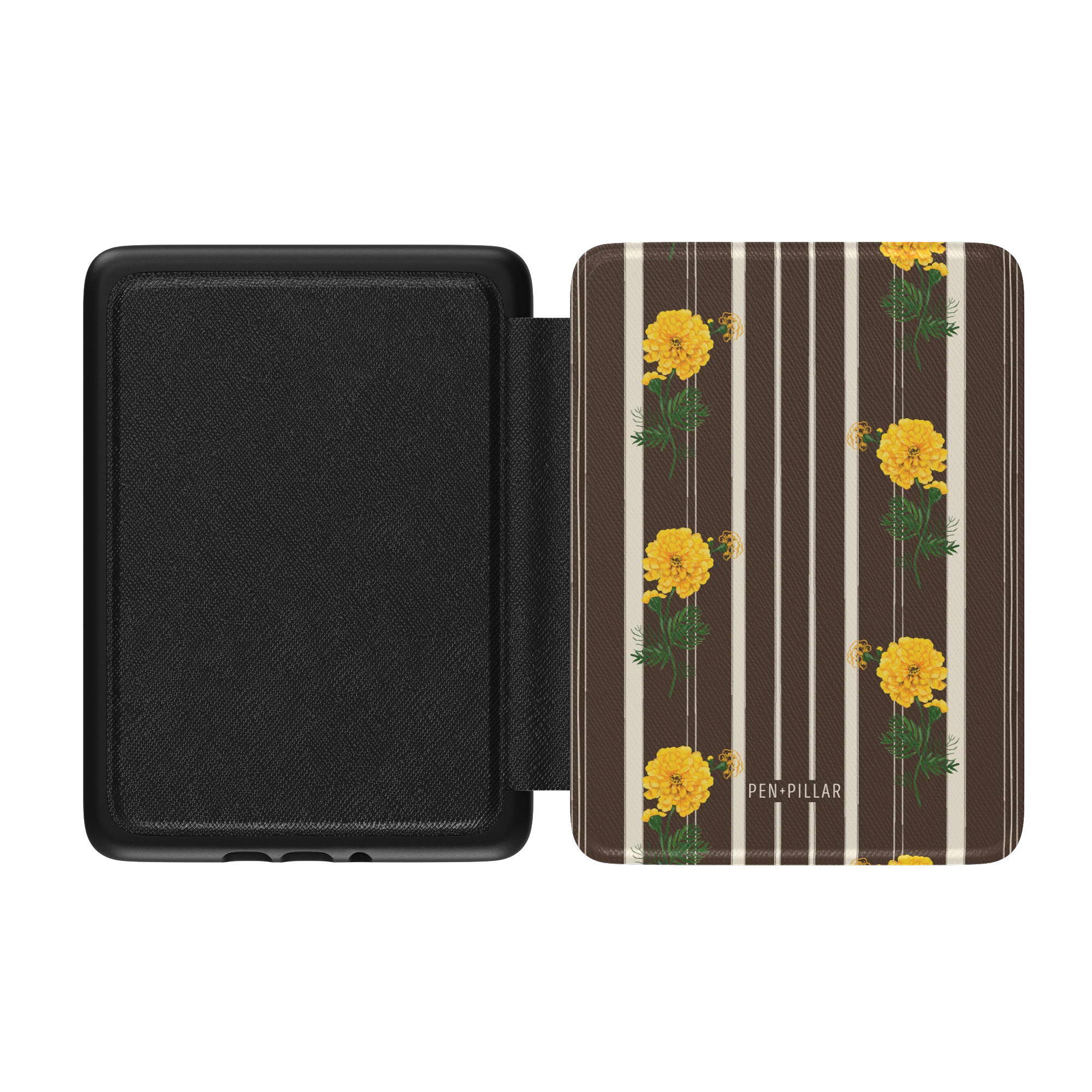Open black Kindle case with a brown and white striped cover featuring yellow flowers and the text PEN + PILLAR.