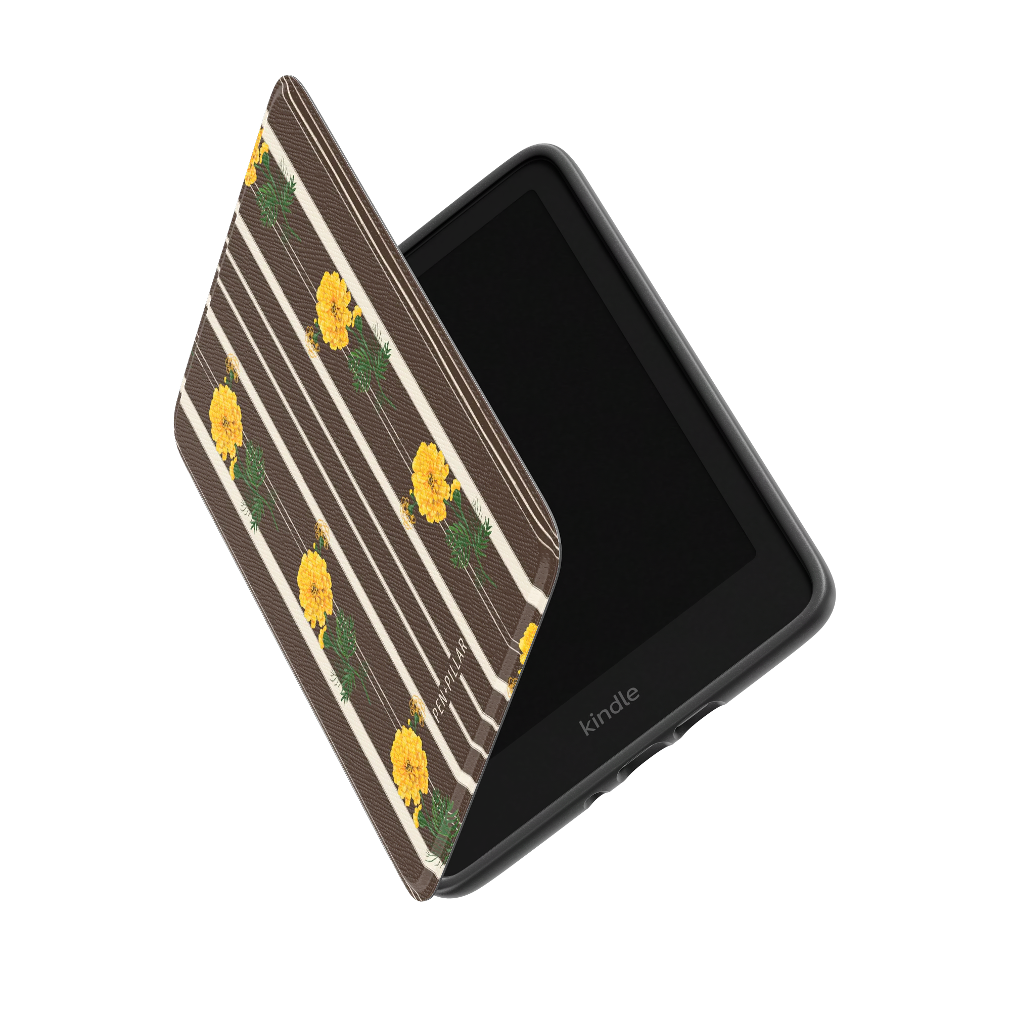 Brown fabric Kindle case with white stripes and yellow marigold flowers. The PEN+PILLAR brand name is printed on the cover.