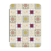 Patchwork Kindle case, front cover: cream quilt blocks with wine, mustard and sage stars and small stitched florals