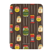 Preserves Kindle case, front cover: jars of honey, pickles and jam on chocolate brown stripes