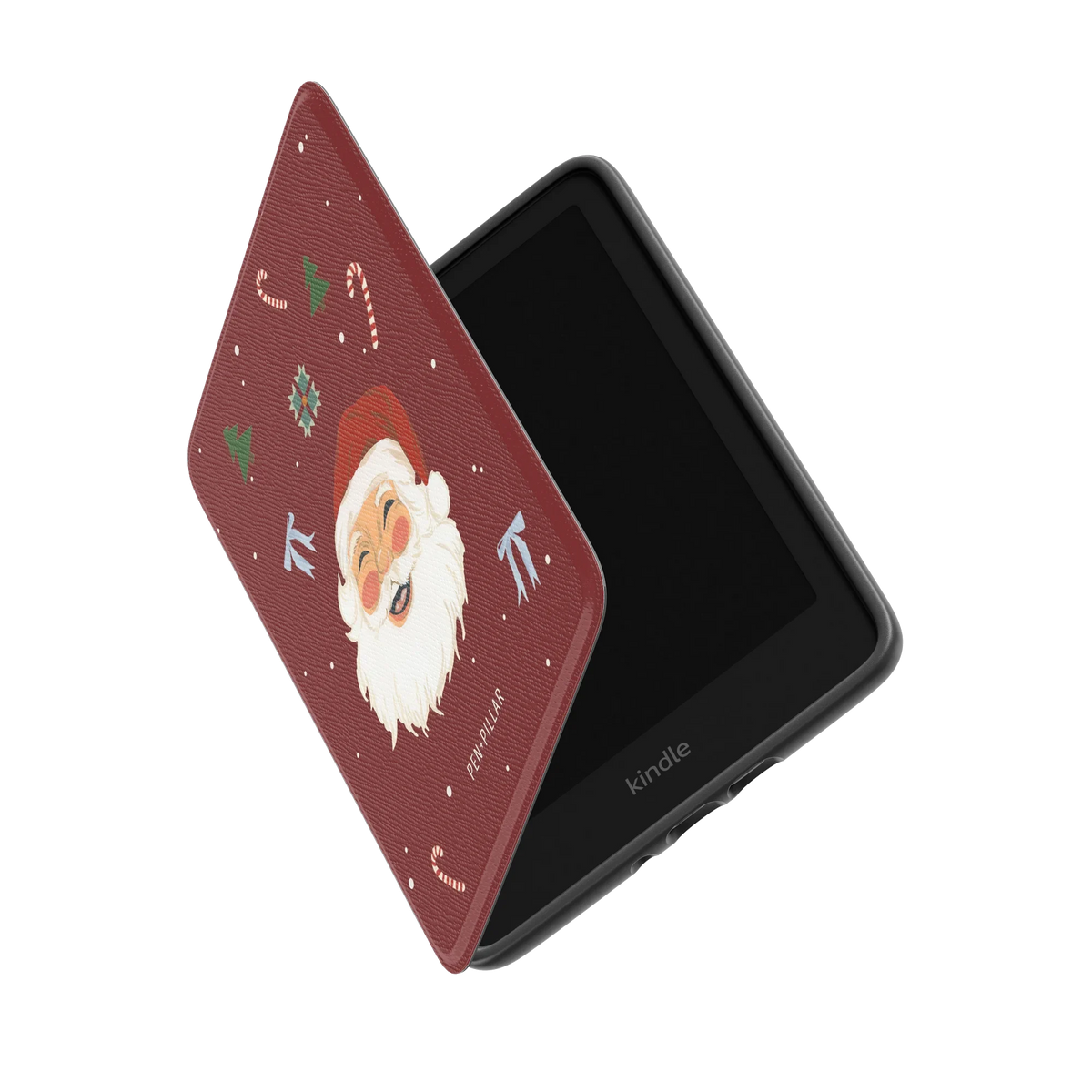 Santa Kindle case standing partly open, showing the printed front cover and the Kindle inside