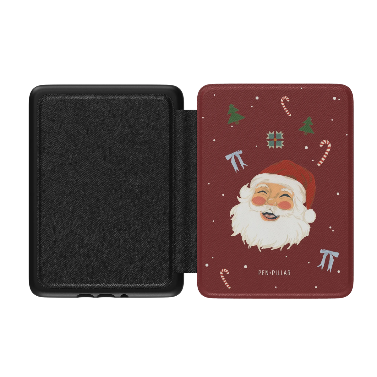 Santa Kindle case opened flat, black inner lining on the left and the printed front cover on the right