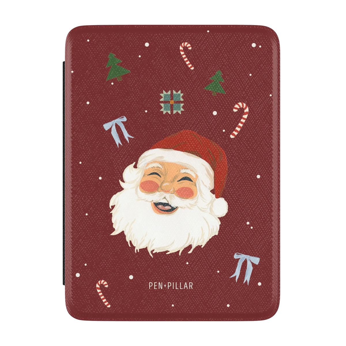 Santa Kindle case, front cover: a laughing Santa with candy canes on deep red