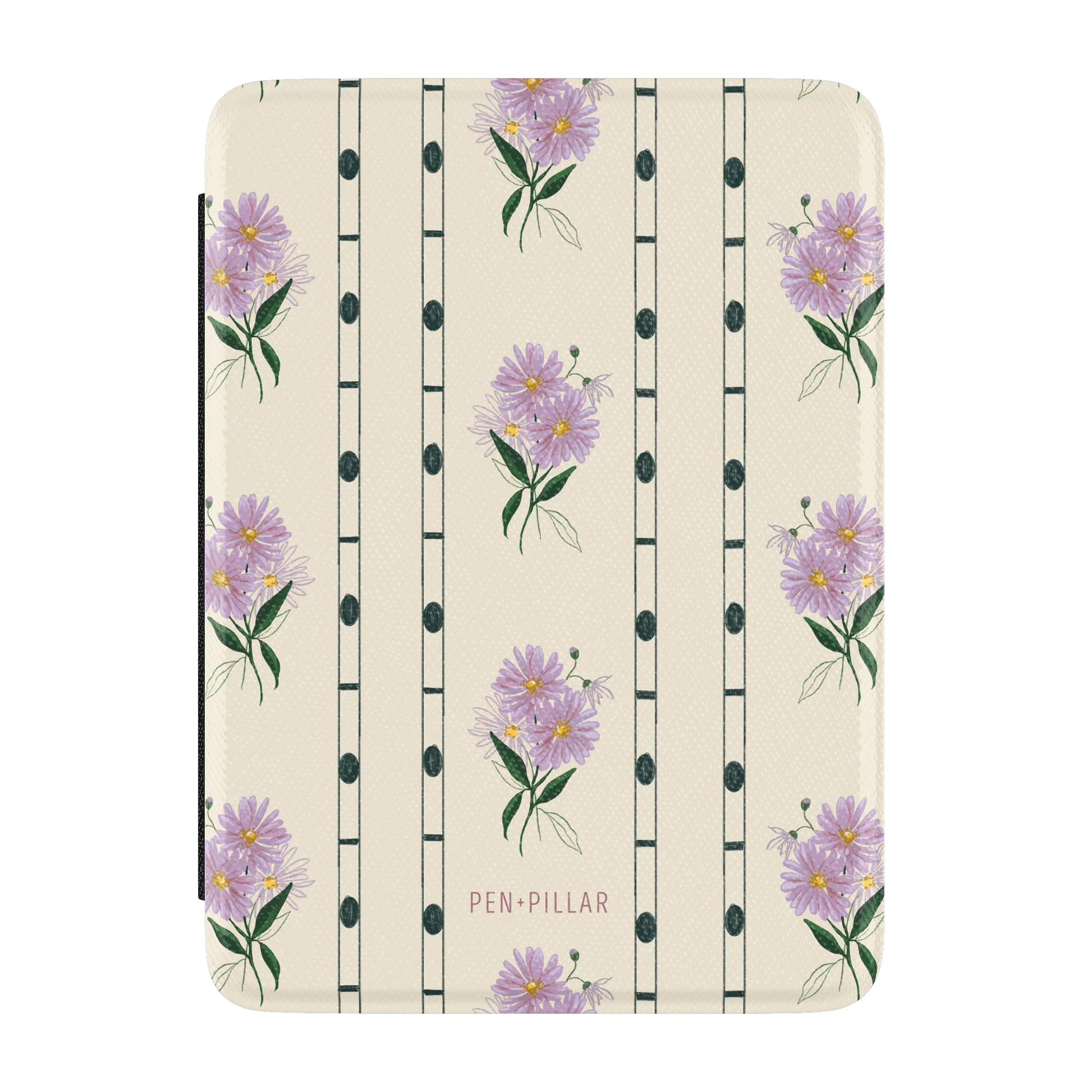 Cream Kindle case with purple aster flowers, green stems, and dark dotted stripes. PEN+PILLAR is printed at the bottom.