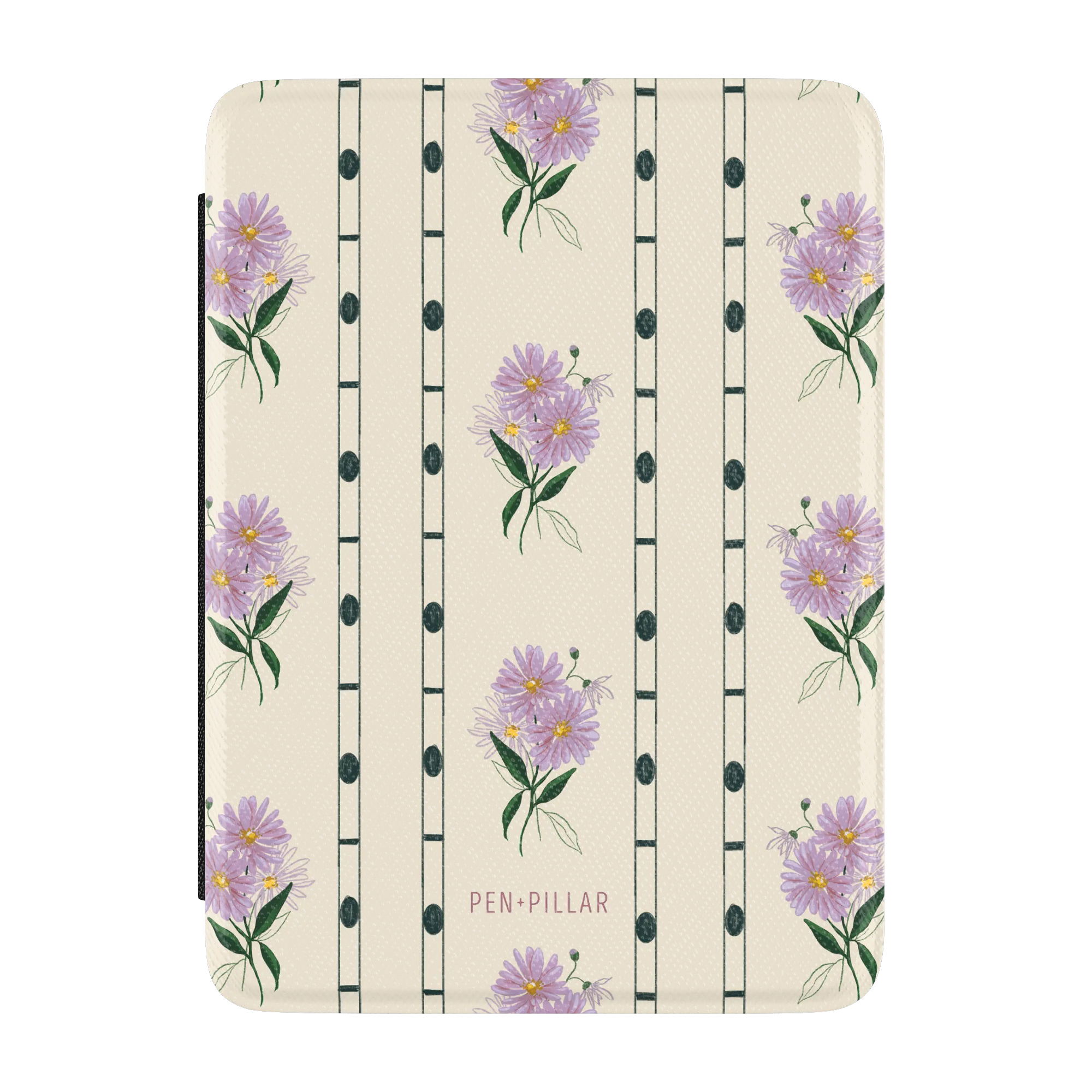 Cream Kindle case with purple aster flowers, green stems, and dark dotted stripes. PEN+PILLAR is printed at the bottom.