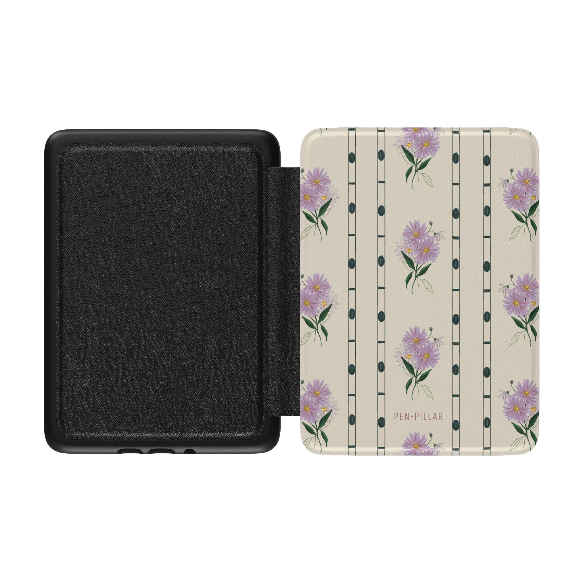 Open Kindle case with black interior and cream exterior featuring purple flowers and vertical stripes by PEN+PILLAR.