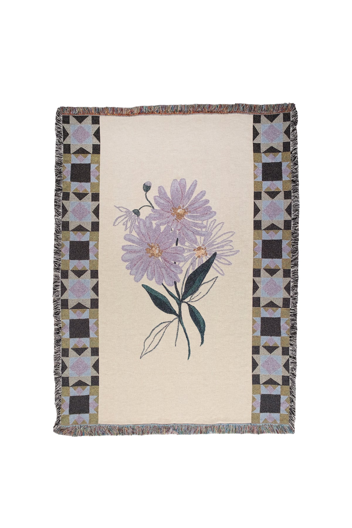 Woven cream blanket with purple flowers in the center and geometric patterned borders with fringed edges.