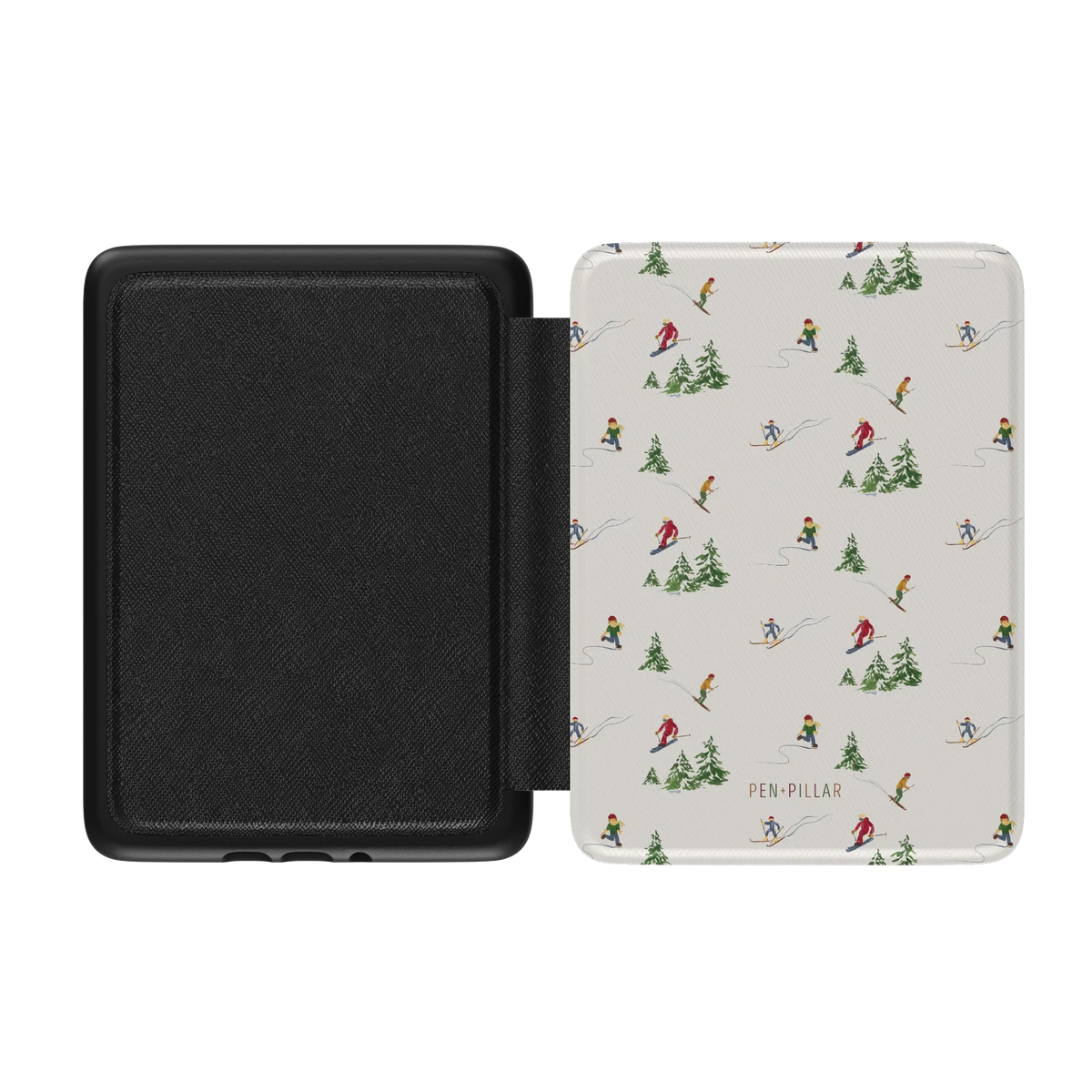 Slopes Kindle case opened flat, black inner lining on the left and the printed front cover on the right