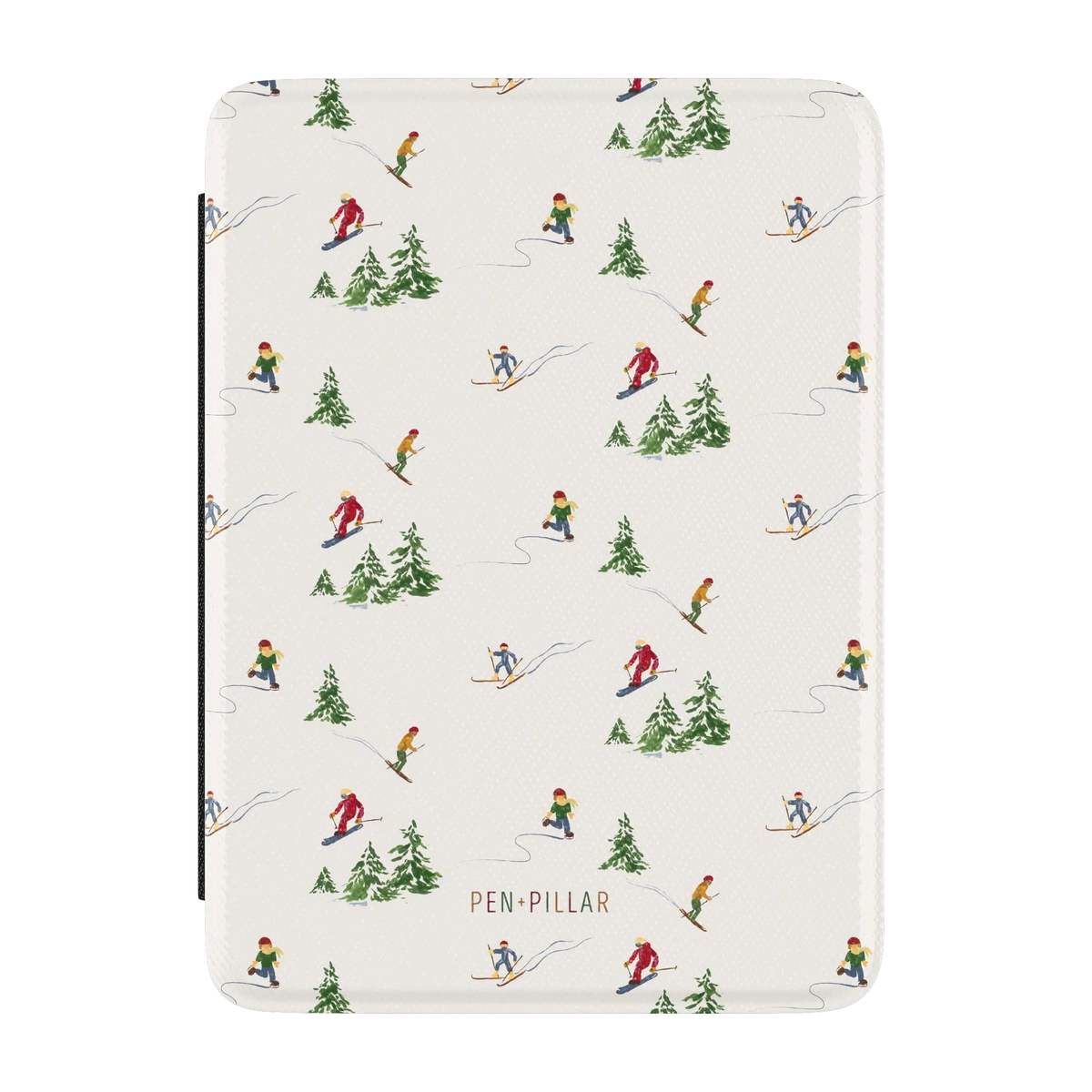 Slopes Kindle case, front cover: little skiers and snowy pine trees on cream