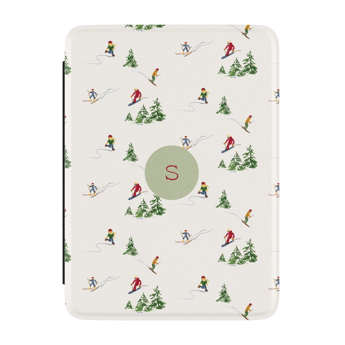 Slopes Personalized Kindle case, front cover: little skiers and snowy pine trees on cream with the initial S
